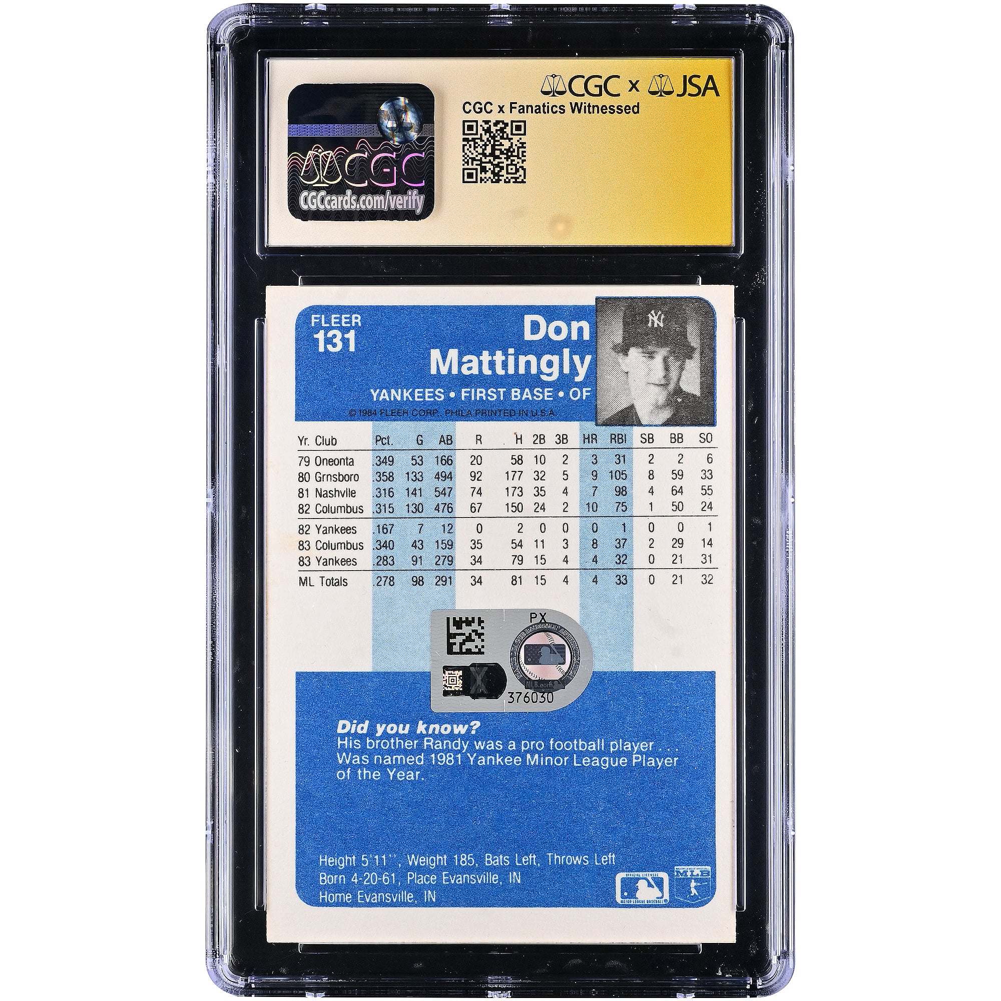 Don Mattingly New York Yankees Autographed 1984 Fleer #131 CGC Fanatics Witnessed Authenticated Rookie Card