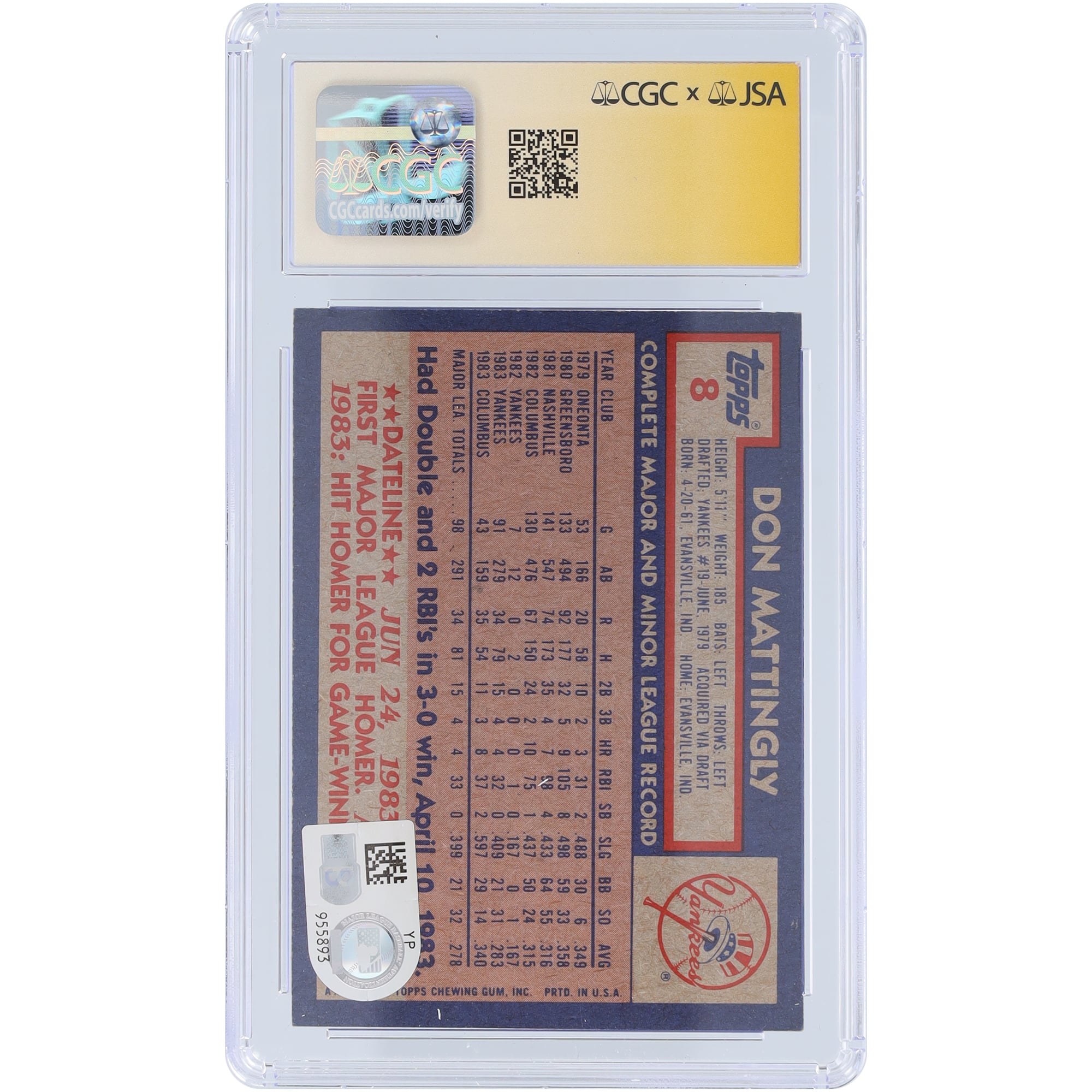Don Mattingly New York Yankees Autographed 1984 Topps #8 CGC Fanatics Witnessed Authenticated Auto 10 Rookie Card