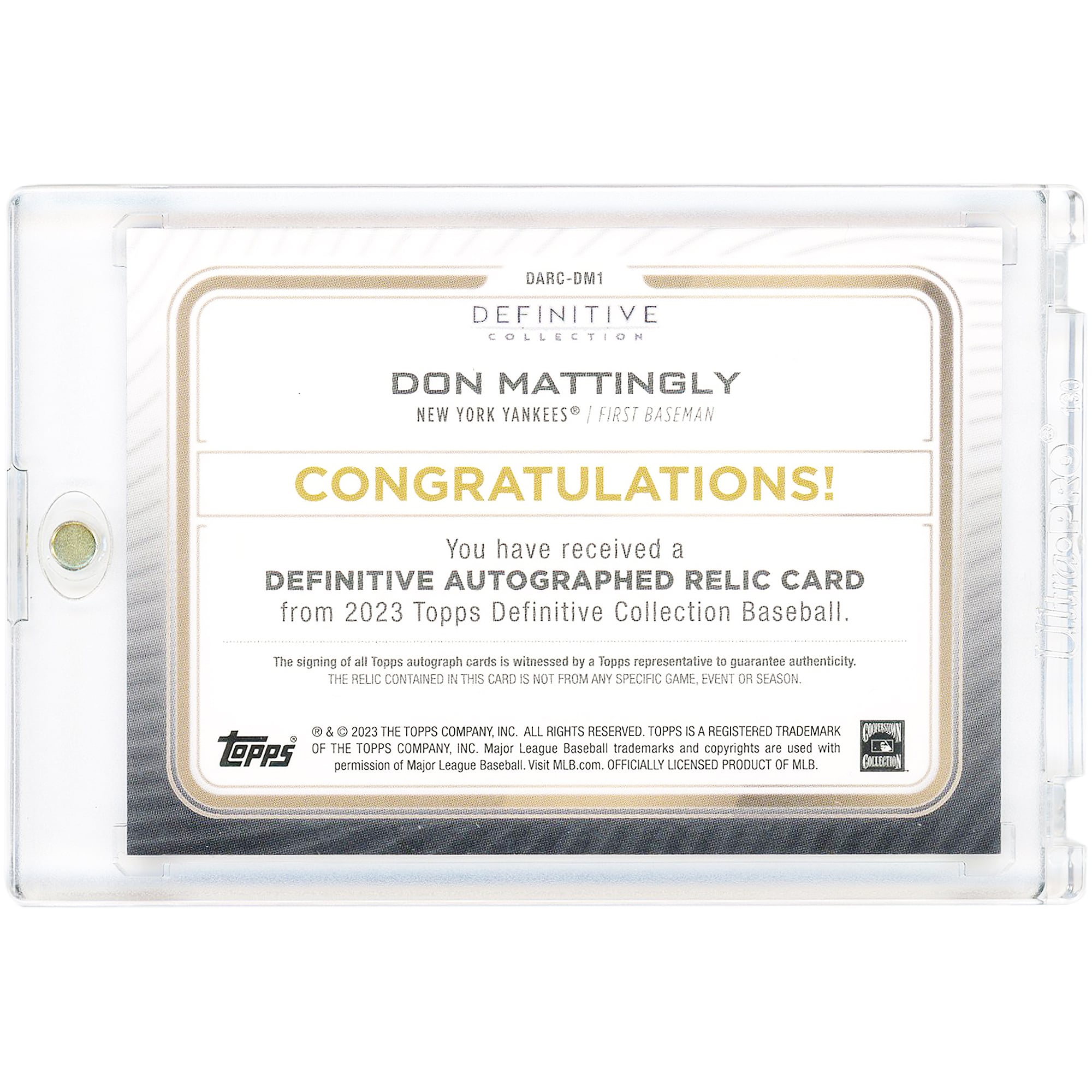 Carte autographiée de Don Mattingly (New York Yankees), collection Topps Definitive 2023, relique de batte utilisée en match, violette #DARC-DM1 #4/5