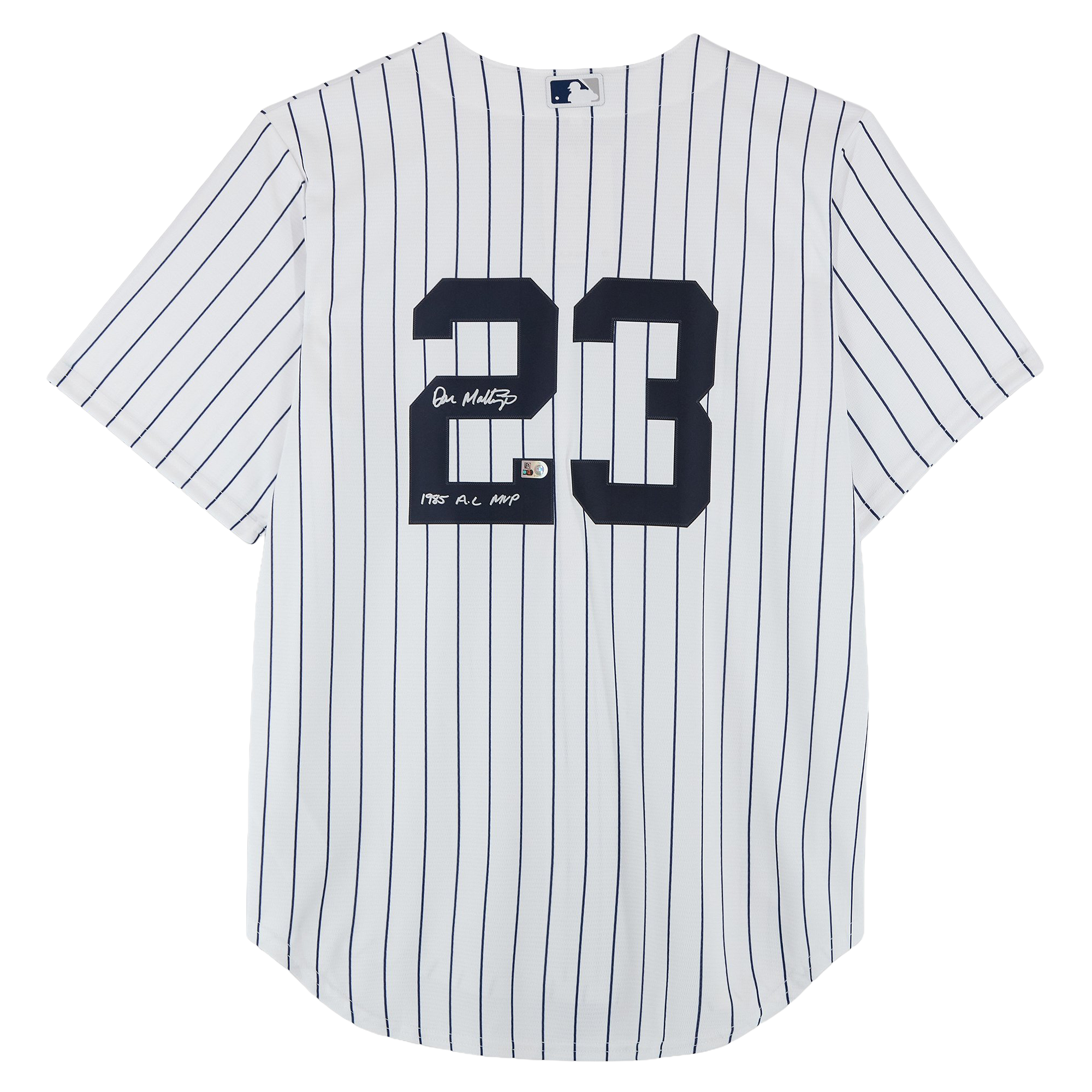Maillot réplique blanc Nike autographié par Don Mattingly des Yankees de New York avec inscription « MVP de la Ligue américaine 1985 ».