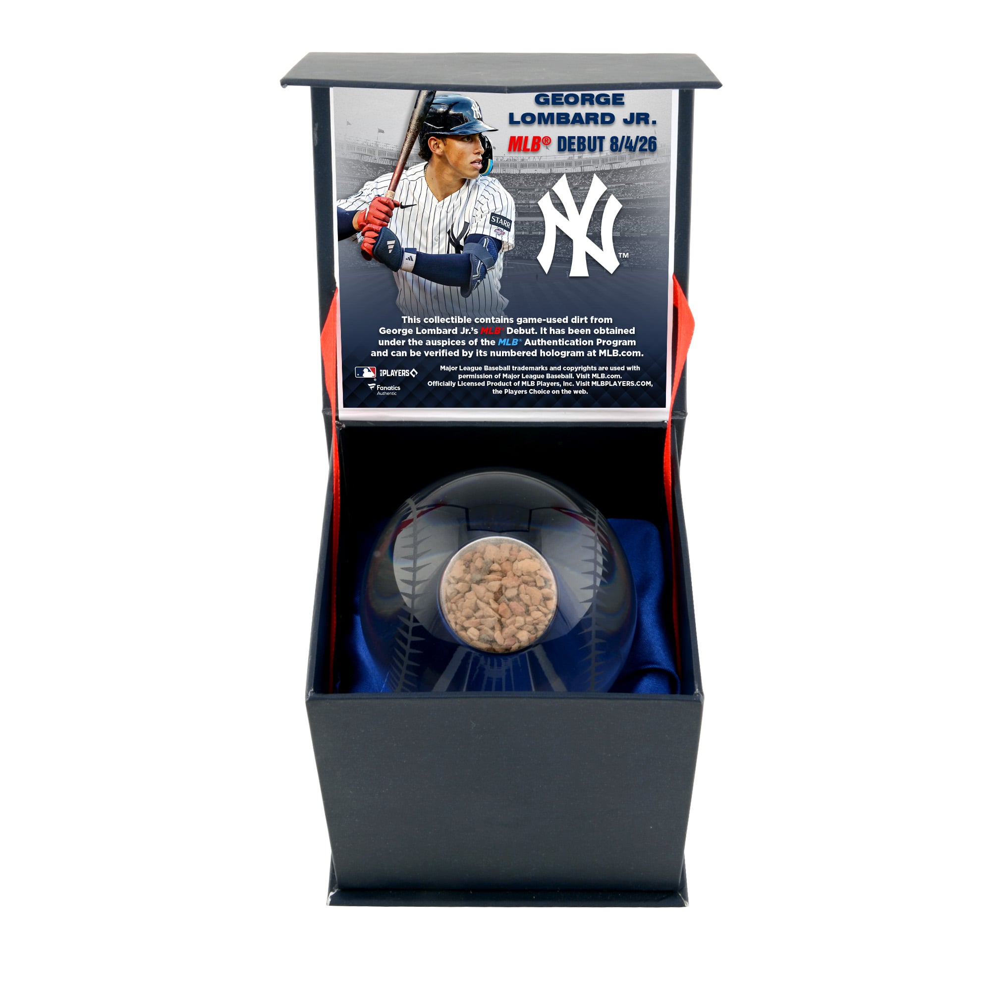 Balle de baseball en cristal des Yankees de New York de George Lombard Jr. avec de la terre utilisée lors de ses débuts en MLB