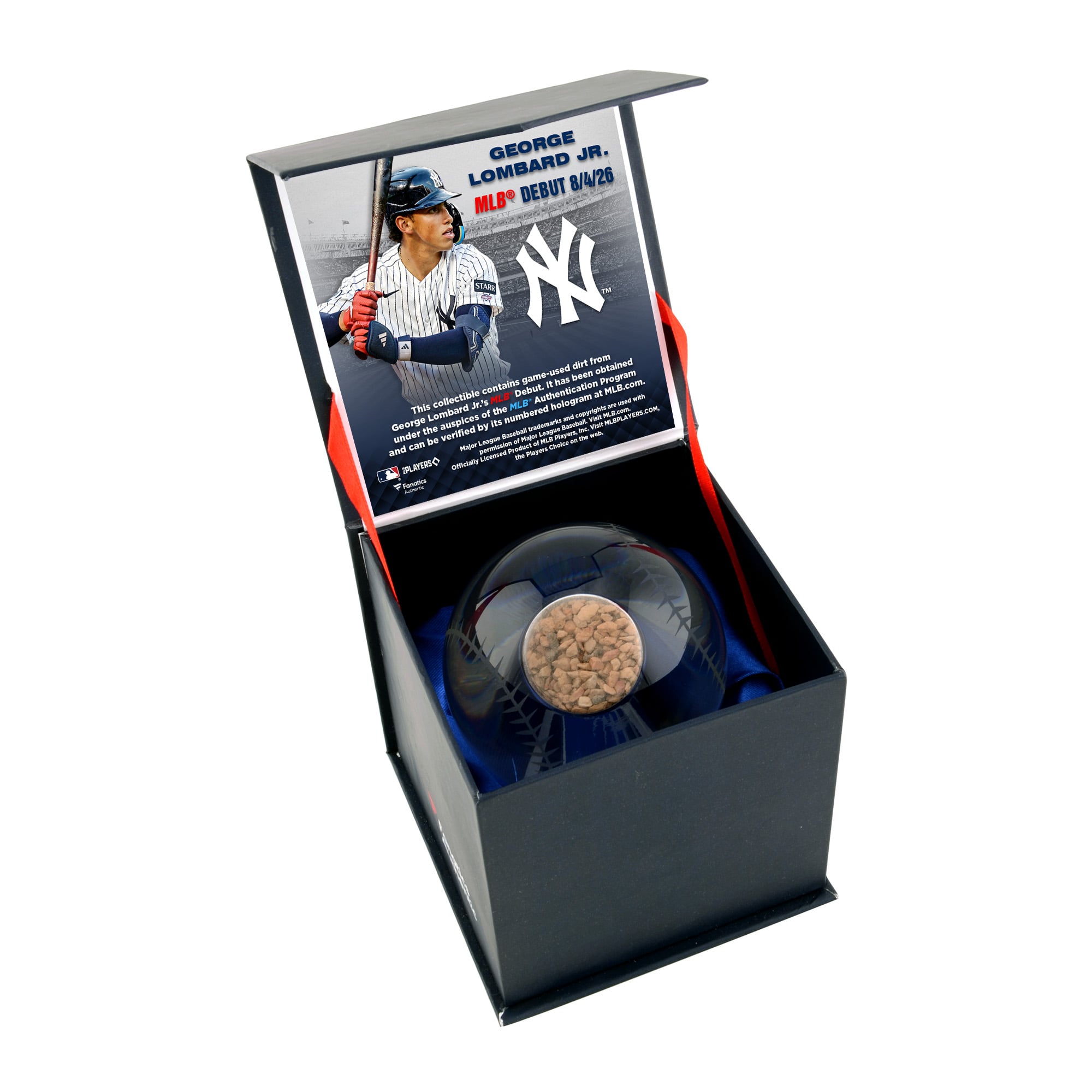 Balle de baseball en cristal des Yankees de New York de George Lombard Jr. avec de la terre utilisée lors de ses débuts en MLB