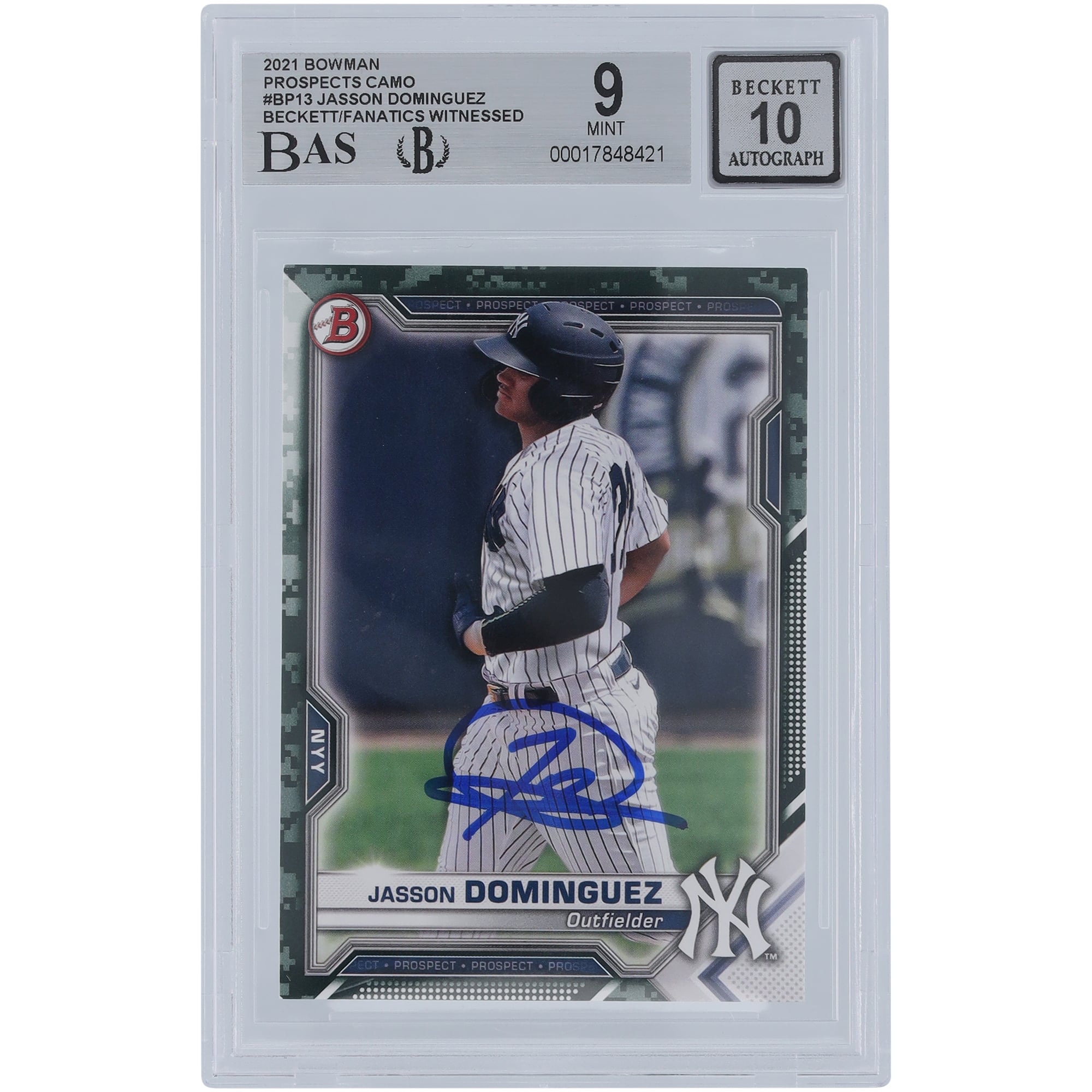 Carte autographiée 9/10 Bowman Prospects 2021 Camo #BP-13 Beckett Fanatics Witnessed New York Yankees