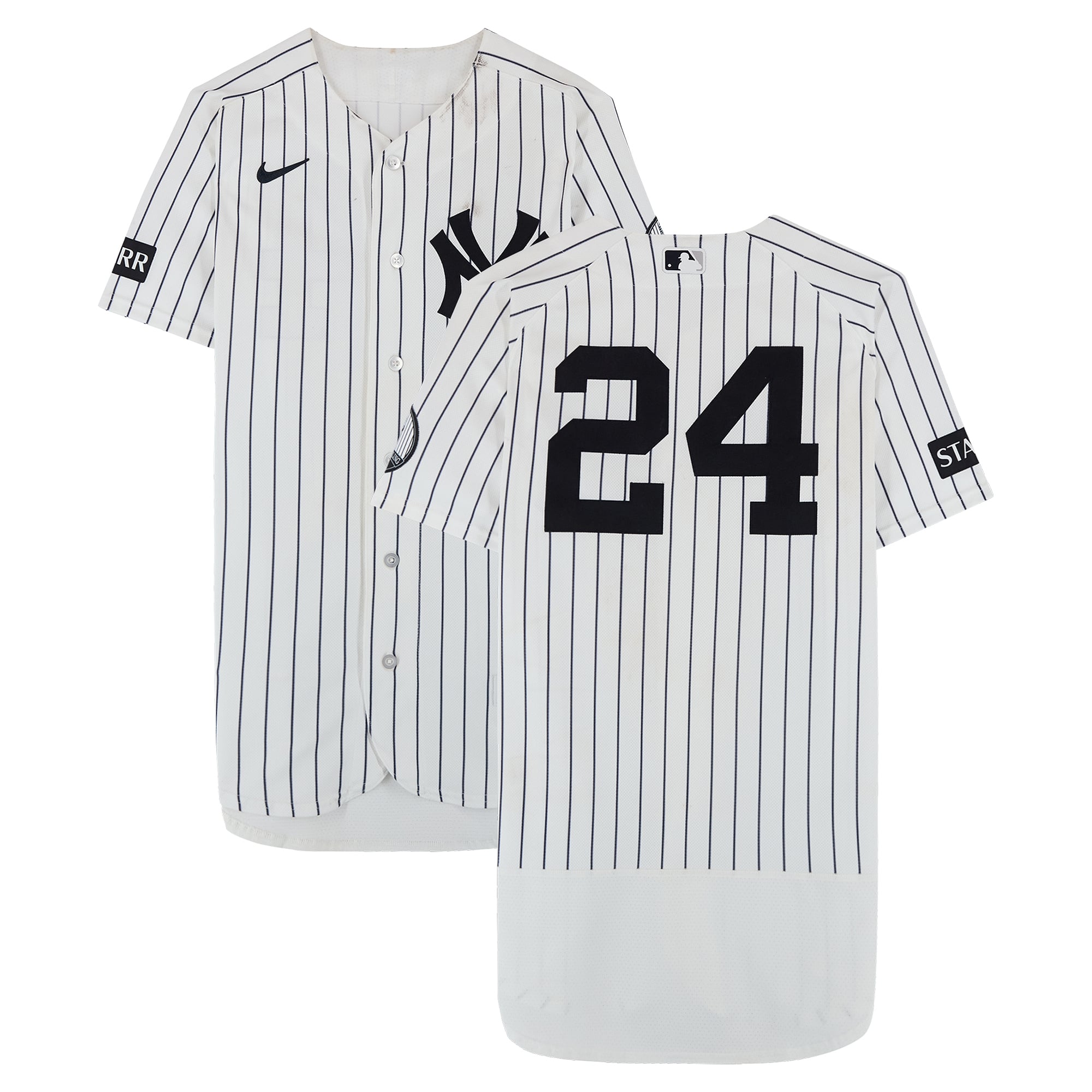 Maillot blanc à rayures Nike n° 24 porté par Jasson Domínguez des Yankees de New York lors du match contre les Pirates de Pittsburgh le 22 juillet 2026 - Deuxième match du programme double