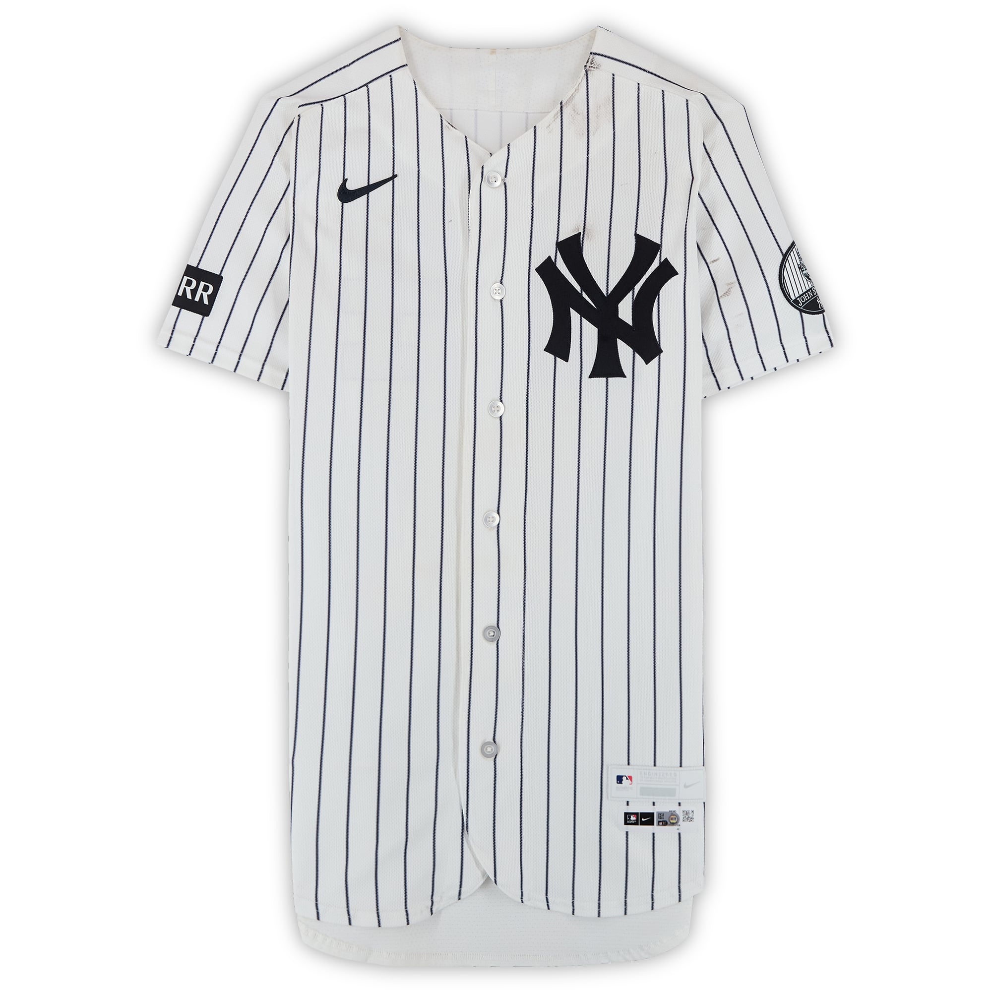 Maillot blanc à rayures Nike n° 24 porté par Jasson Domínguez des Yankees de New York lors du match contre les Pirates de Pittsburgh le 22 juillet 2026 - Deuxième match du programme double