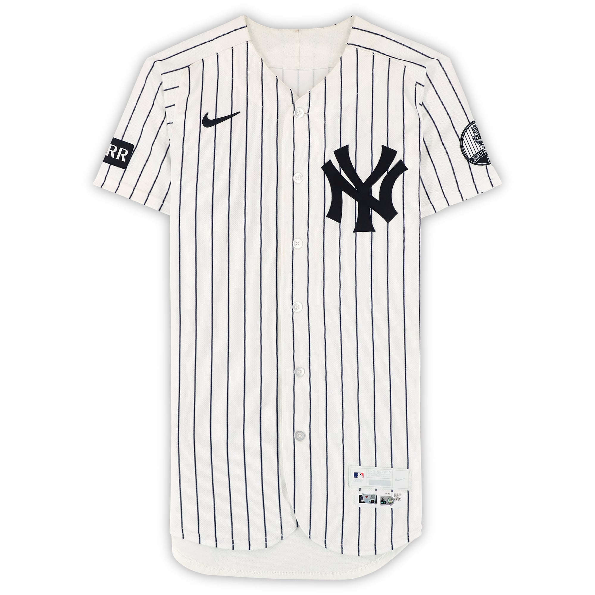 Maillot blanc à rayures Nike porté par Jazz Chisholm Jr. (New York Yankees) n° 13 lors du match contre les Red Sox de Boston le 30 août 2026.