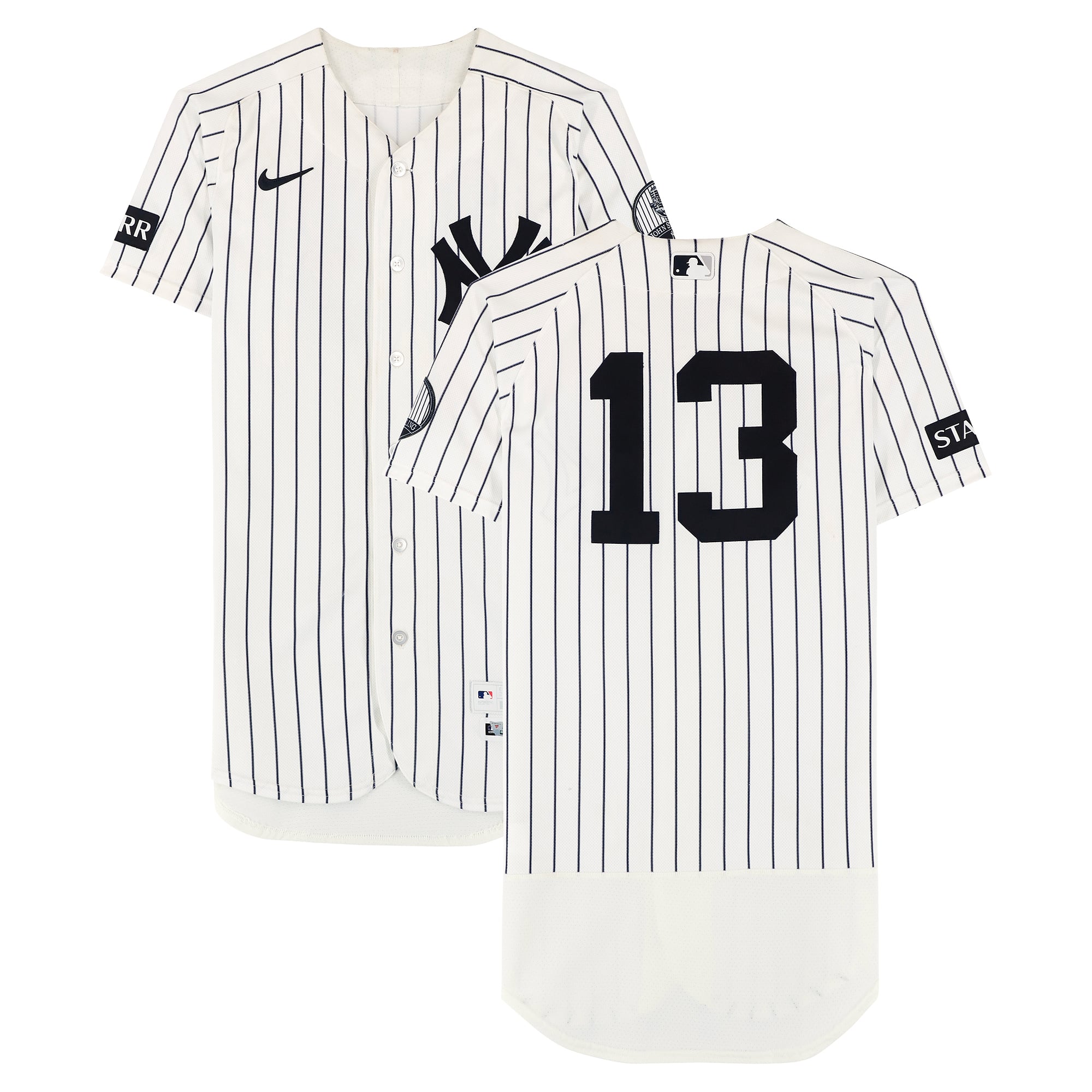 Maillot blanc à rayures Nike porté par Jazz Chisholm Jr. (New York Yankees) n° 13 lors du match contre les Red Sox de Boston le 30 août 2026.