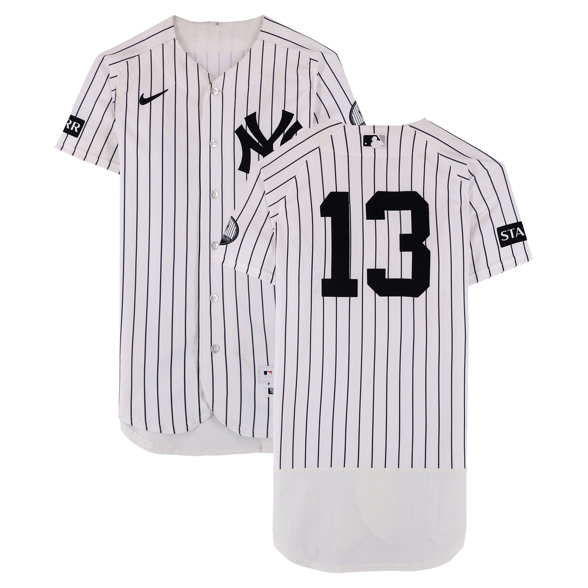 Maillot blanc à fines rayures n° 13 porté par Jazz Chisholm Jr. (New York Yankees) contre les Mariners de Seattle le 13 août 2026