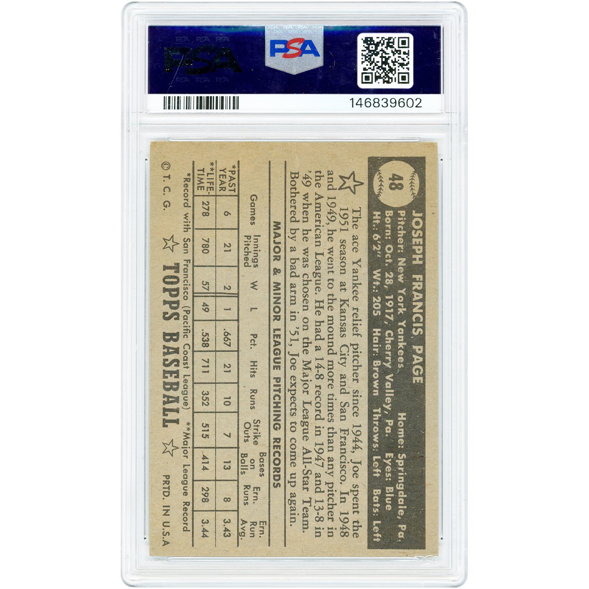 Joe Page New York Yankees 1952 Topps Correct Bio-Black Back #48 PSA Authenticated 4.5 Card
