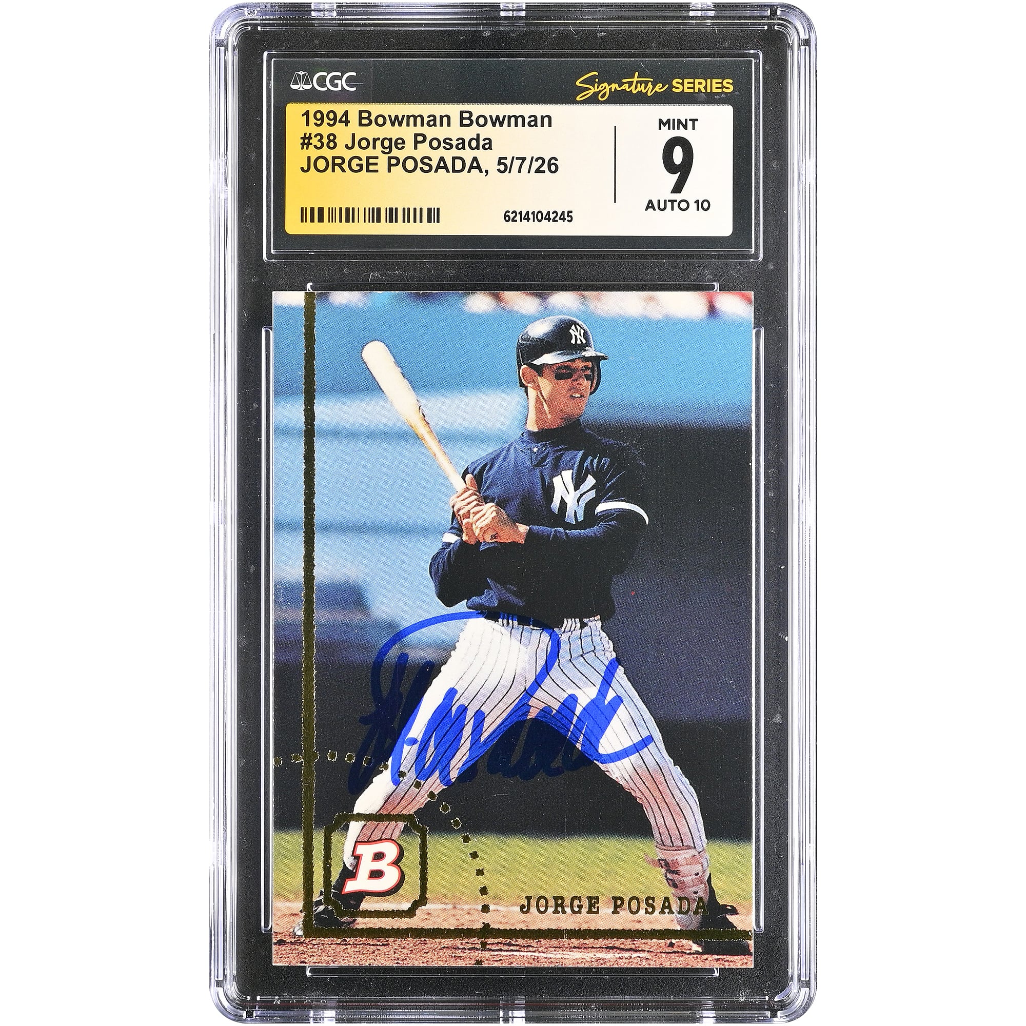 Carte de recrue Bowman n° 38 de Jorge Posada (New York Yankees), autographiée en 1994 et authentifiée par Fanatics Witnessed (CGC 9/10).