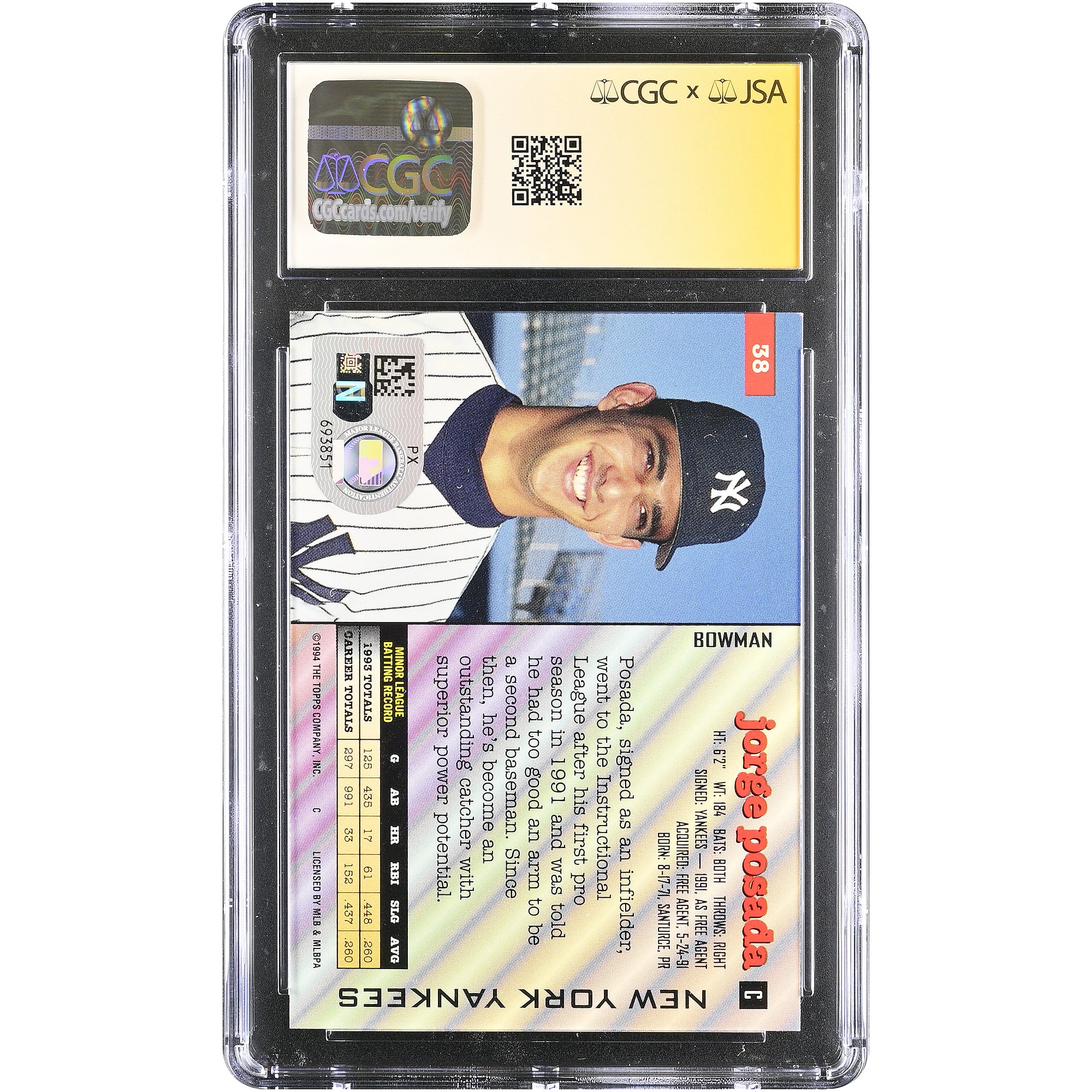 Carte de recrue Bowman n° 38 de Jorge Posada (New York Yankees), autographiée en 1994 et authentifiée par Fanatics Witnessed (CGC 9/10).