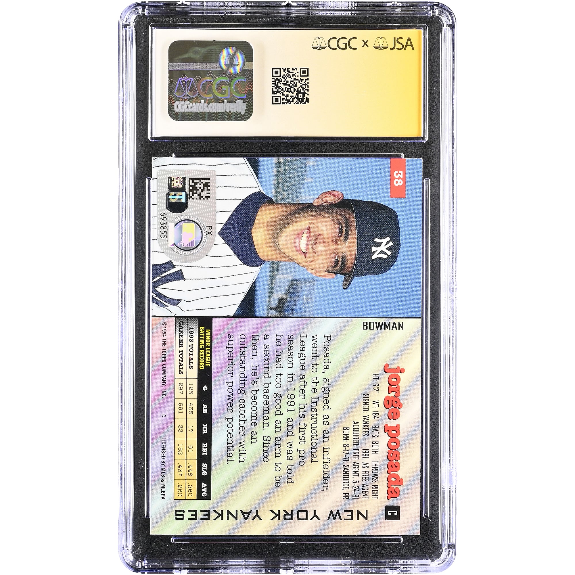 Carte de recrue autographiée de Jorge Posada (New York Yankees) de 1994, Bowman n° 38, authentifiée CGC Fanatics Witnessed AUTO 10