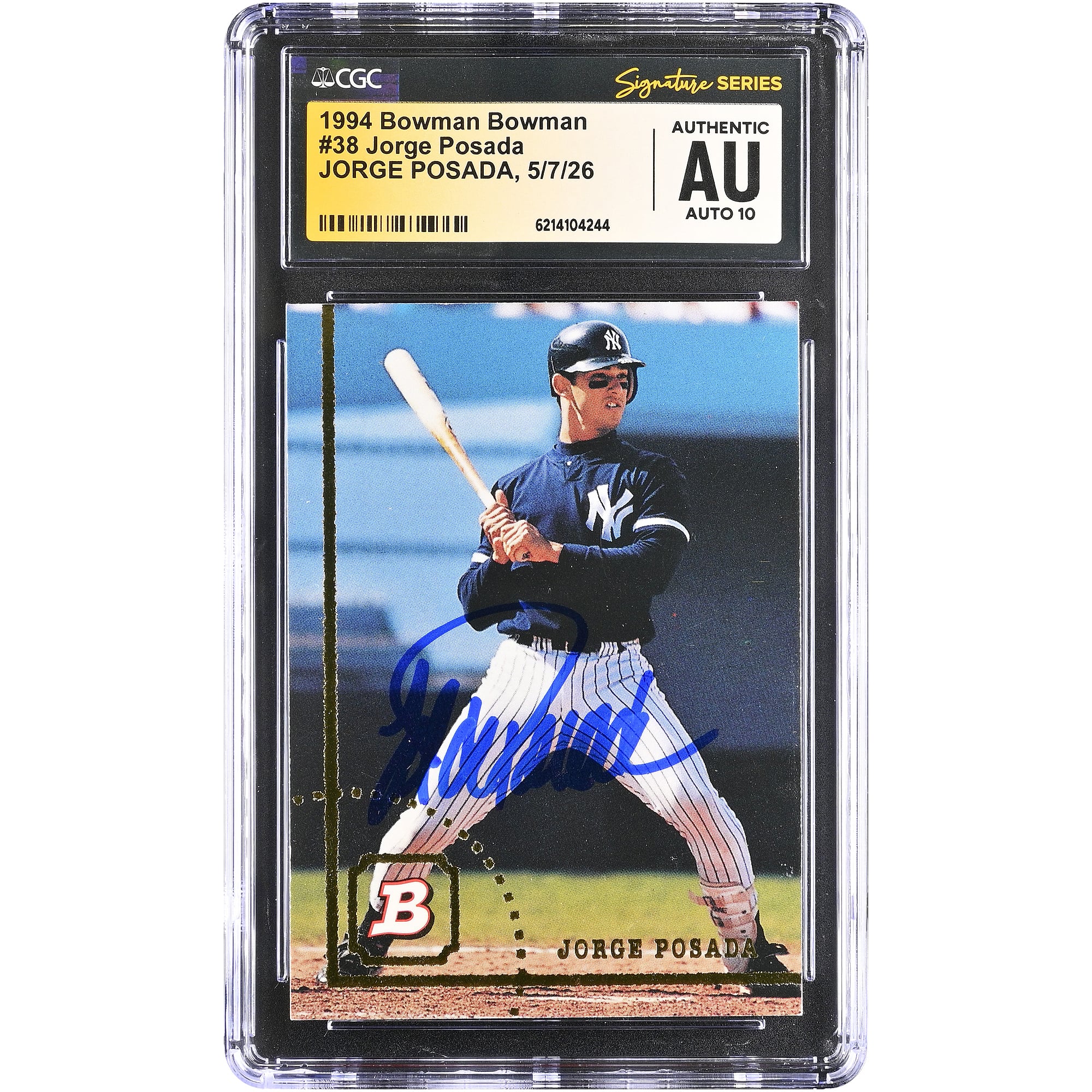 Carte de recrue autographiée de Jorge Posada (New York Yankees) de 1994, Bowman n° 38, authentifiée CGC Fanatics Witnessed AUTO 10