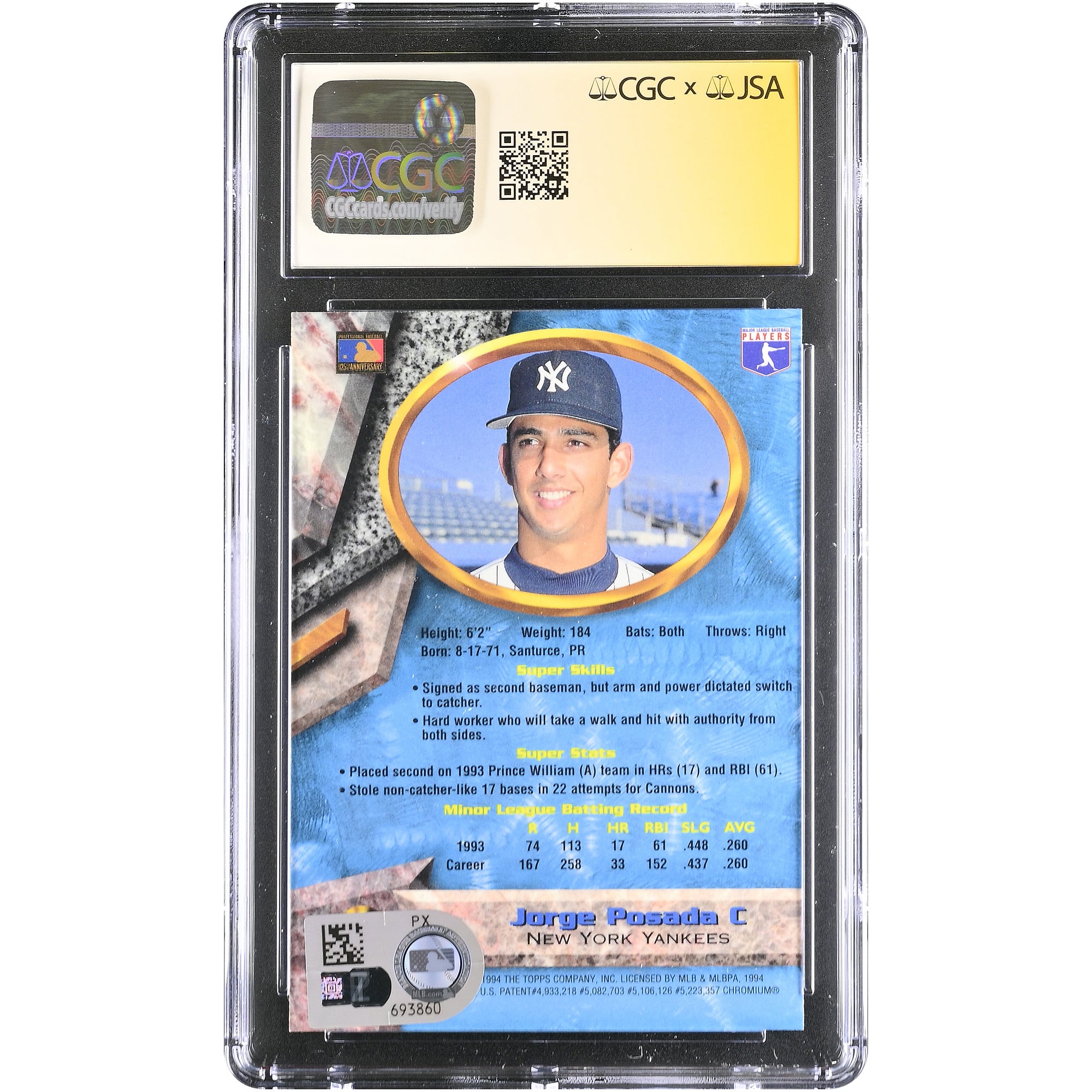 Carte de recrue autographiée de Jorge Posada (New York Yankees) de 1994, Bowman's Best n° 29, authentifiée CGC Fanatics Witnessed AUTO 10
