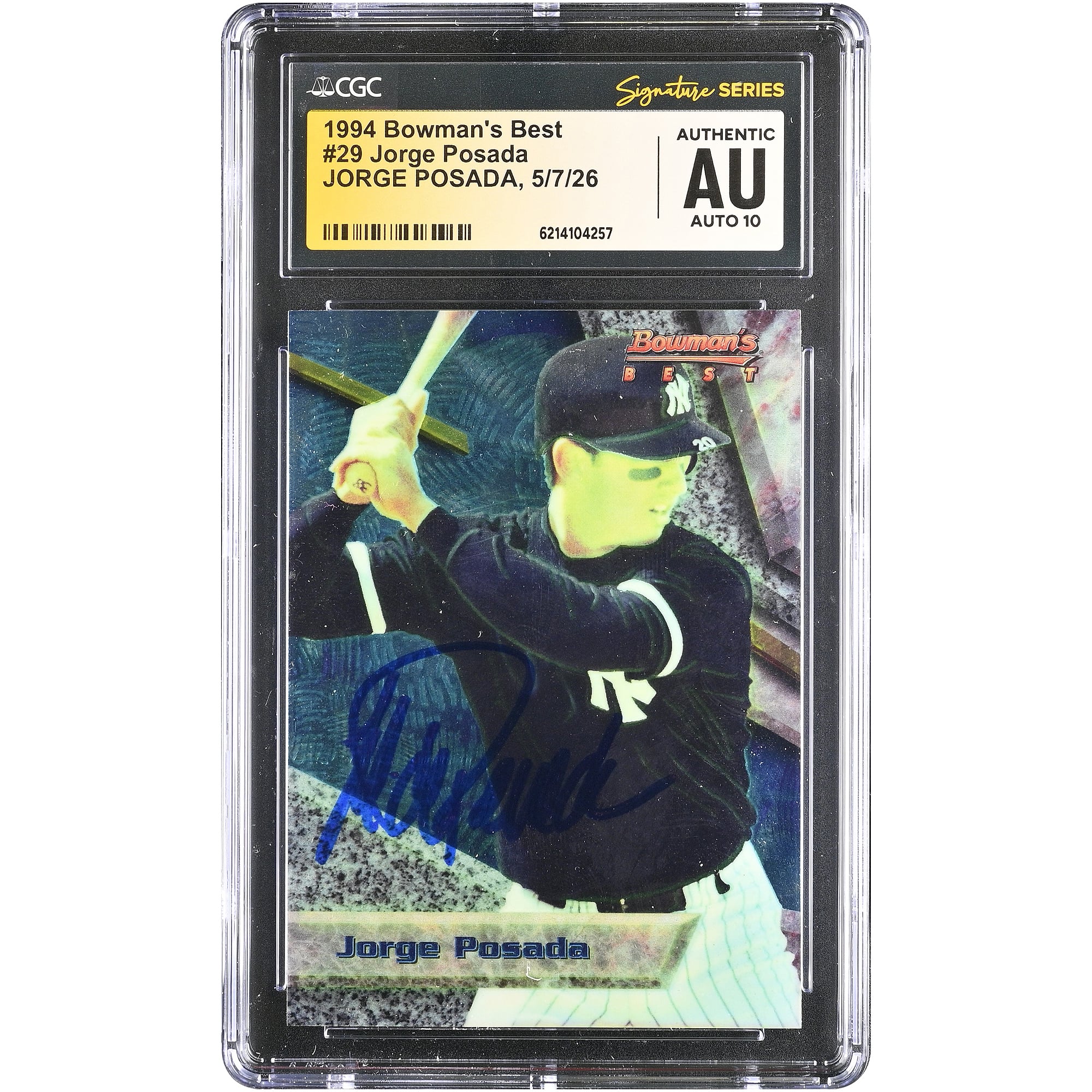 Carte de recrue autographiée de Jorge Posada (New York Yankees) de 1994, Bowman's Best n° 29, authentifiée CGC Fanatics Witnessed AUTO 10