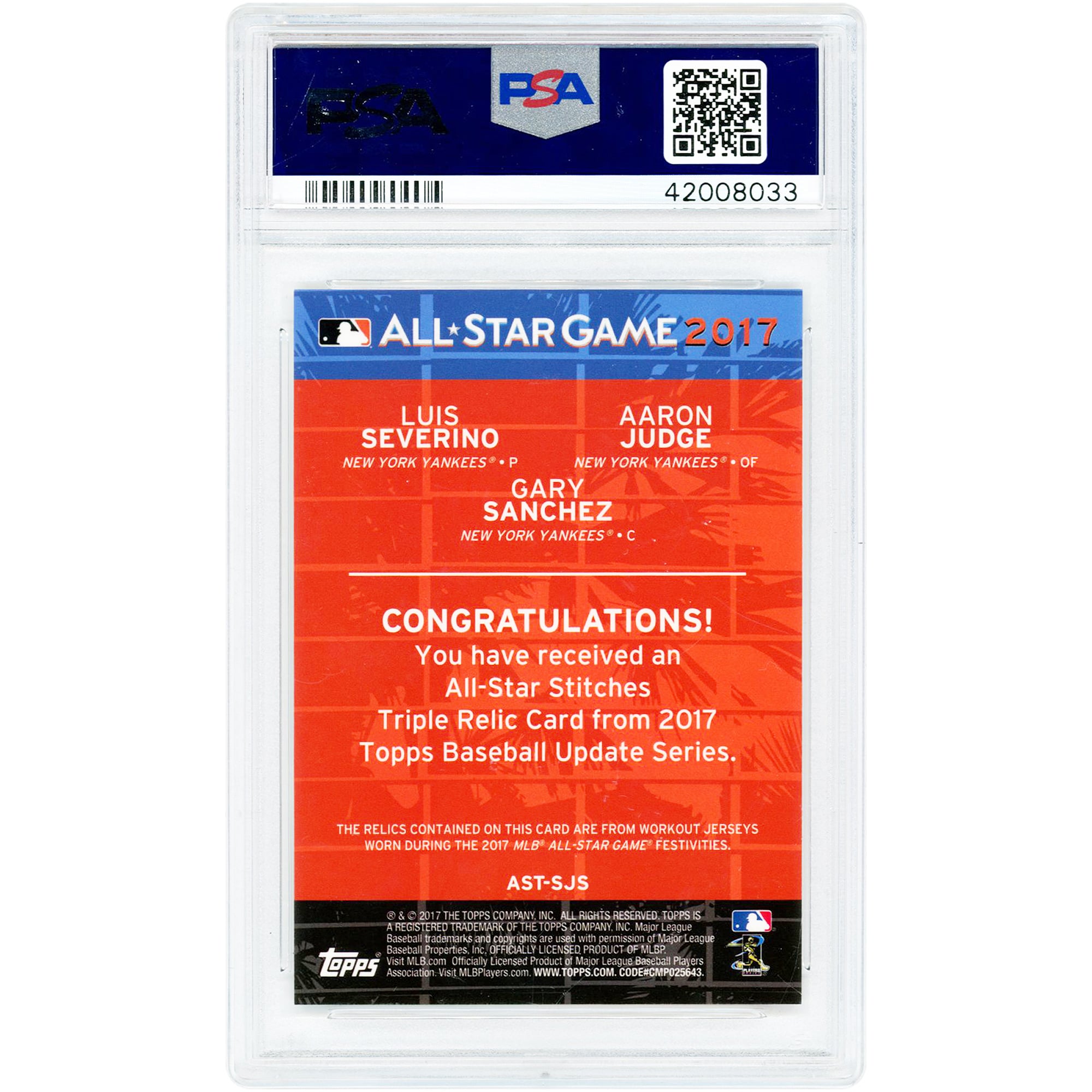 Luis Severino, Aaron Judge & Gary Sánchez New York Yankees 2017 Topps Update All Star Stitches Triple Relics #AST-SJS #23/25 PSA Authenticated 9 Card