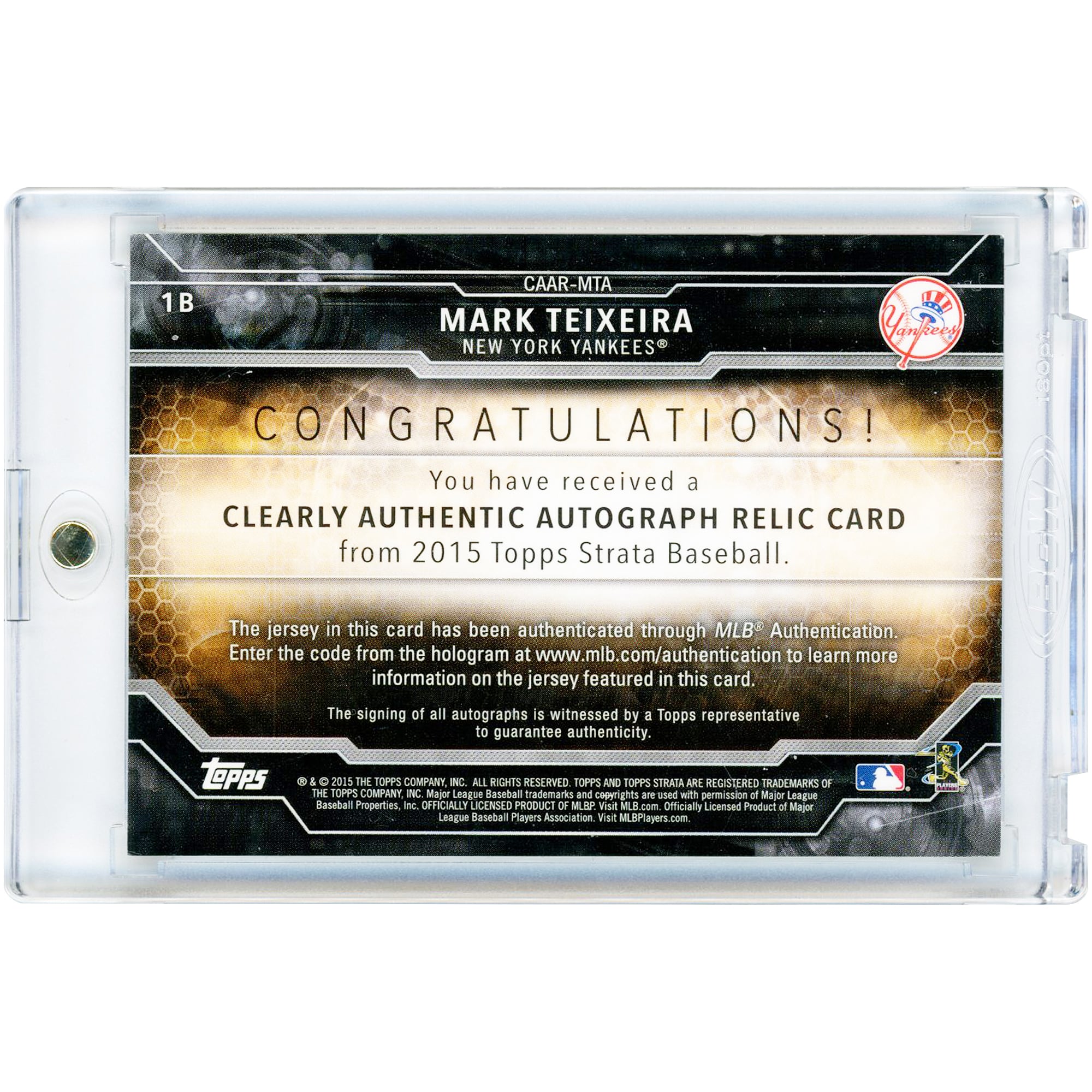 Mark Teixeira New York Yankees Autographed 2015 Topps Strata Clearly Authentic Jersey Relic #CAAR-MTA Card