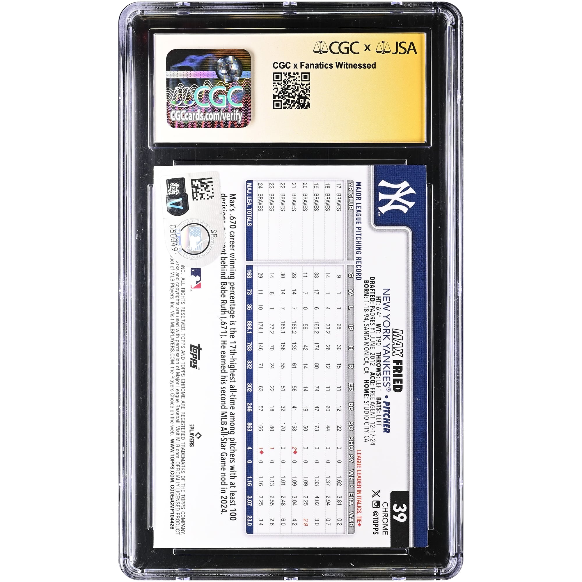 Max Fried New York Yankees Autographed 2025 Topps Chrome #39 CGC Authenticated Auto 10 Card