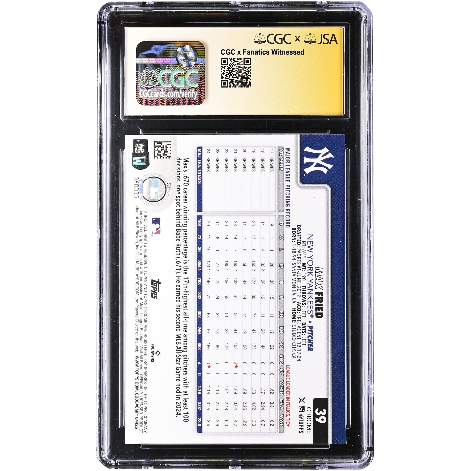 Carte authentifiée CGC de Max Fried, joueur des Yankees de New York, signée par CGC (Topps Chrome 2025 n° 39).