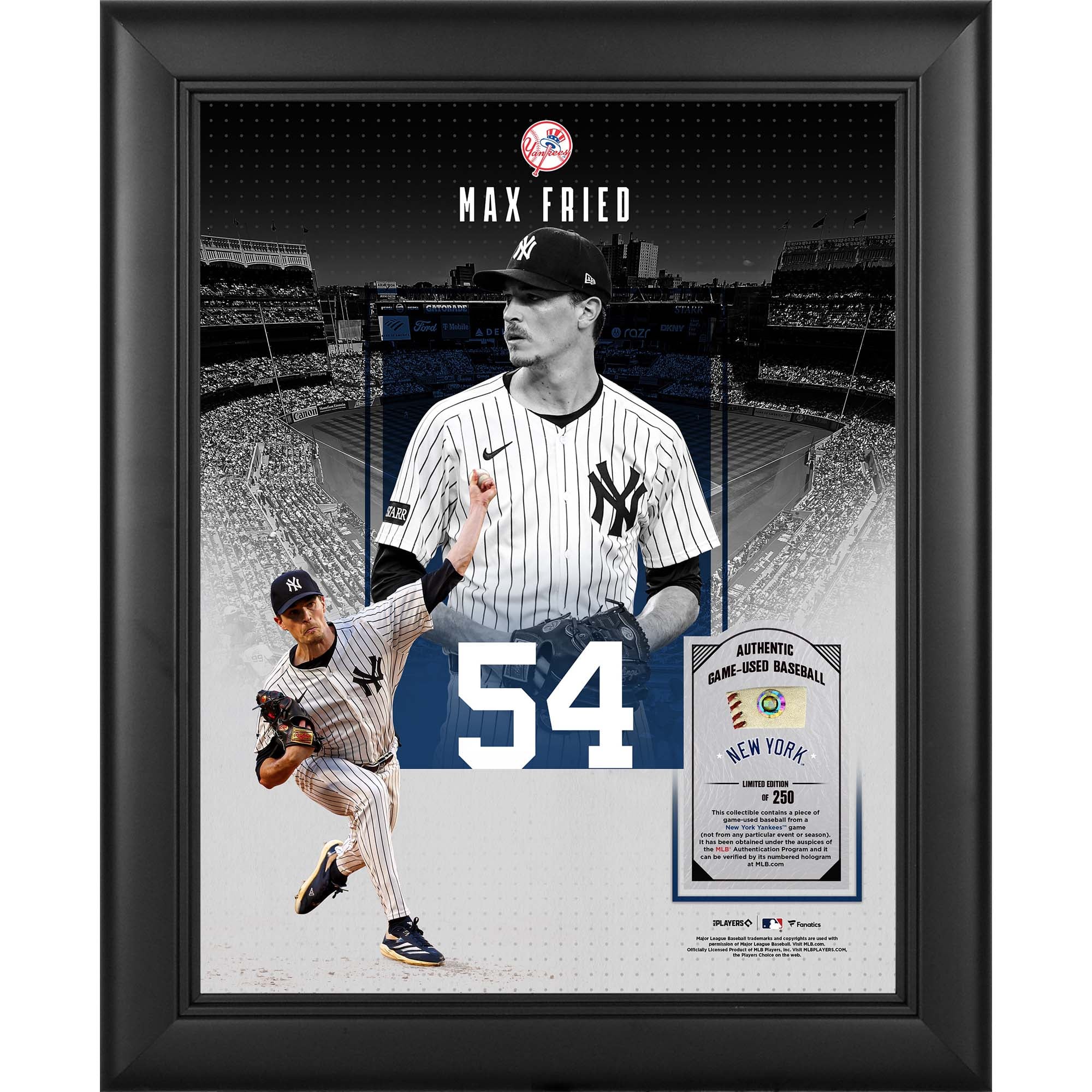 Collage encadré 11" x 14" de Max Fried, des Yankees de New York, avec un morceau de balle utilisée en match - Édition limitée à 250 exemplaires