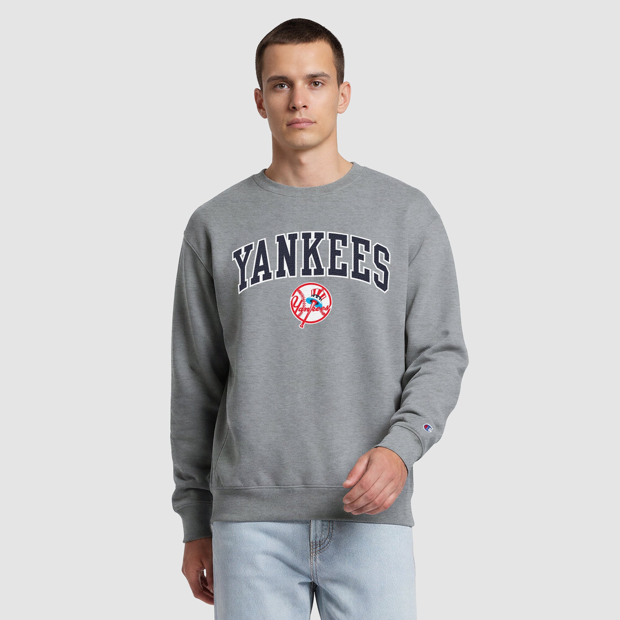 Men's Champion Heather Gray New York Yankees Fleece Crew Sweatshirt