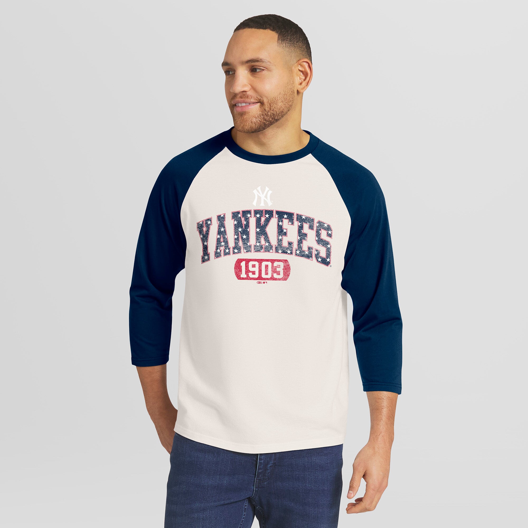 T-shirt raglan à manches 3/4 pour homme, collection Darius Rucker par Fanatics, crème/marine, New York Yankees, style américain.