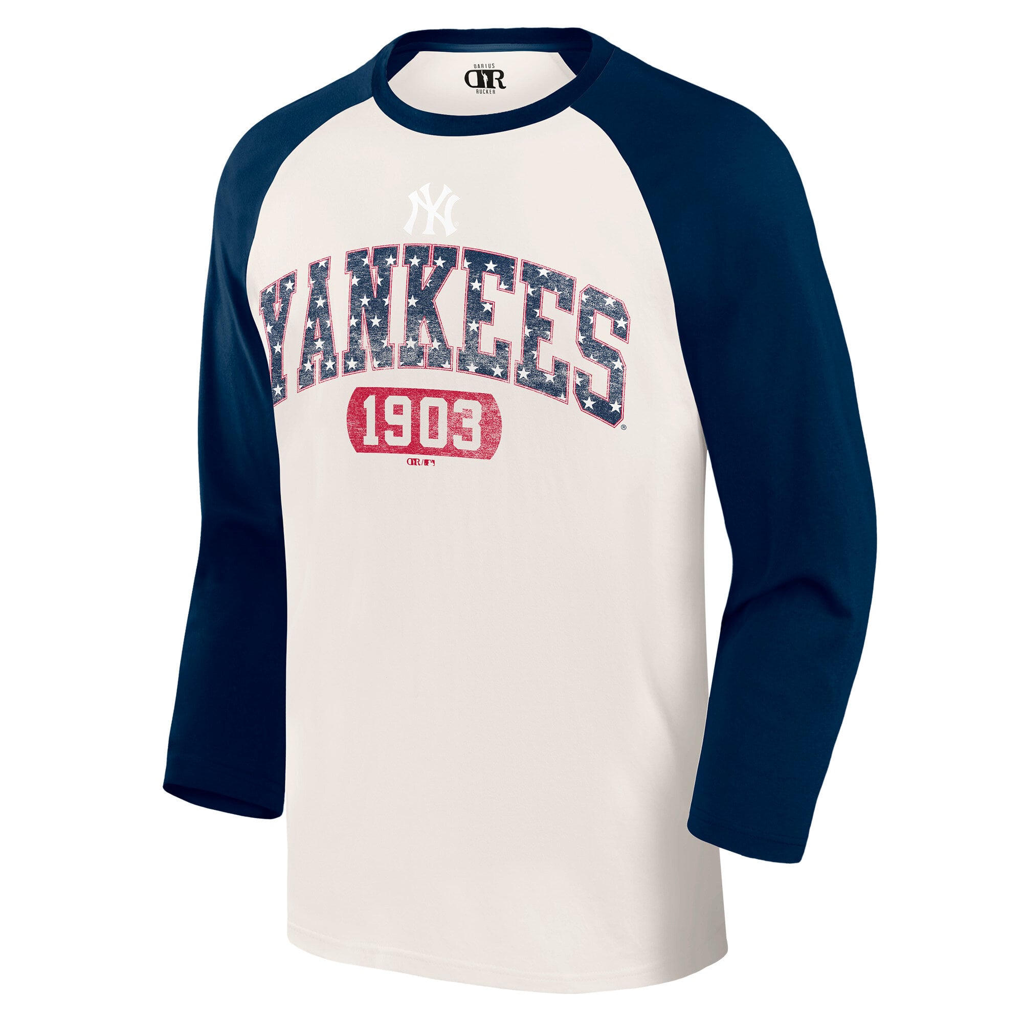 T-shirt raglan à manches 3/4 pour homme, collection Darius Rucker par Fanatics, crème/marine, New York Yankees, style américain.