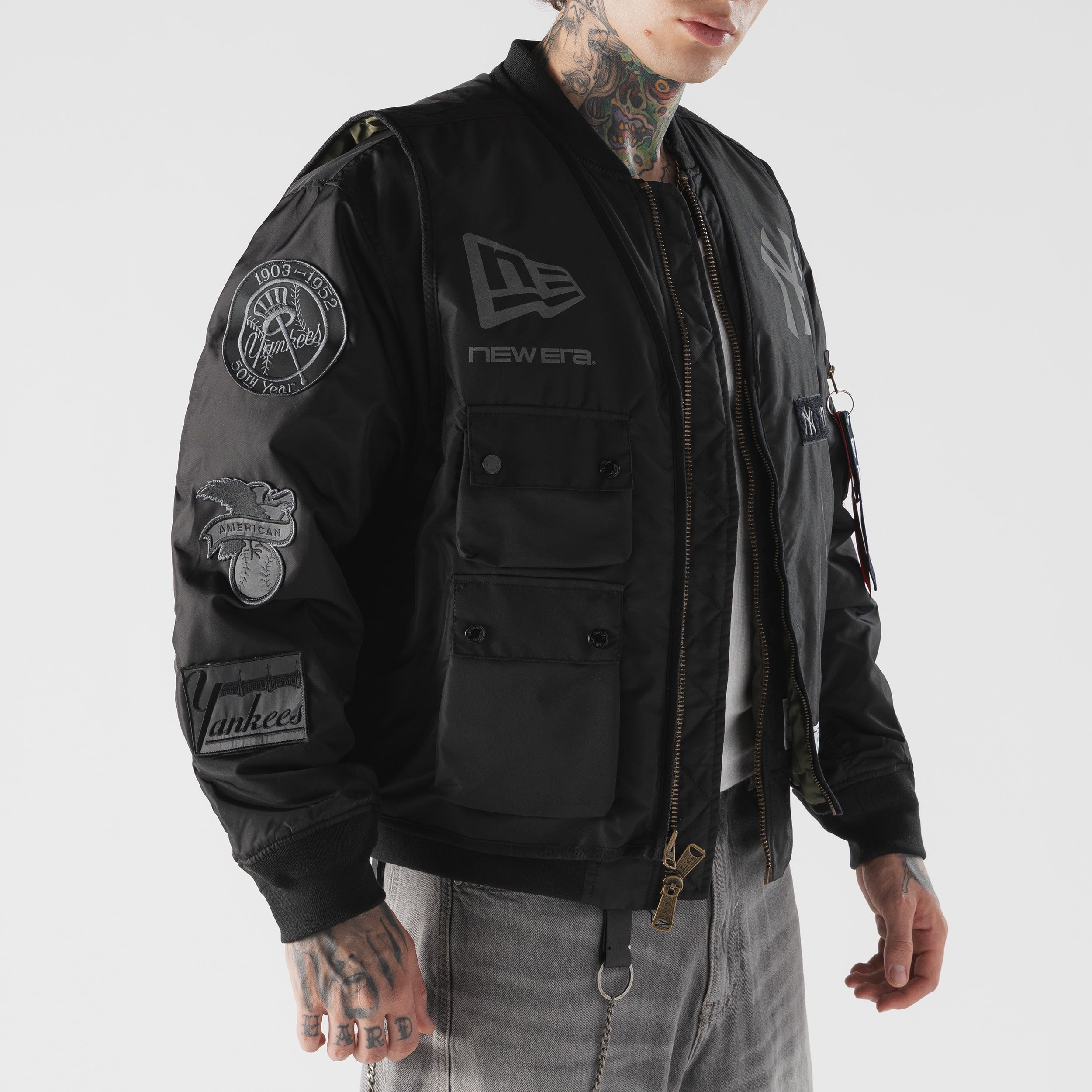 Veste bomber et gilet zippés 3 en 1 MA-1 New Era noirs pour homme, York Yankees