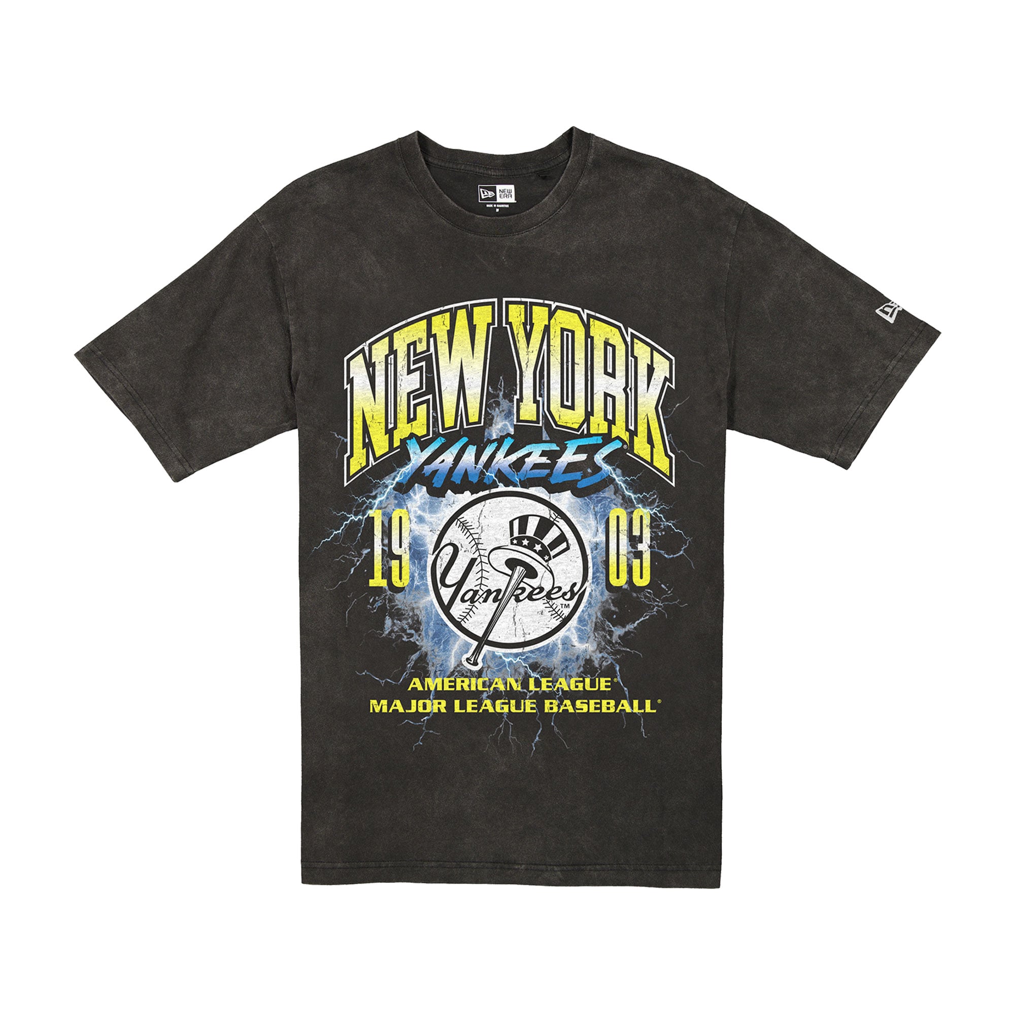 T-shirt New Era noir pour homme, motif éclair des Yankees de York, délavage minéral