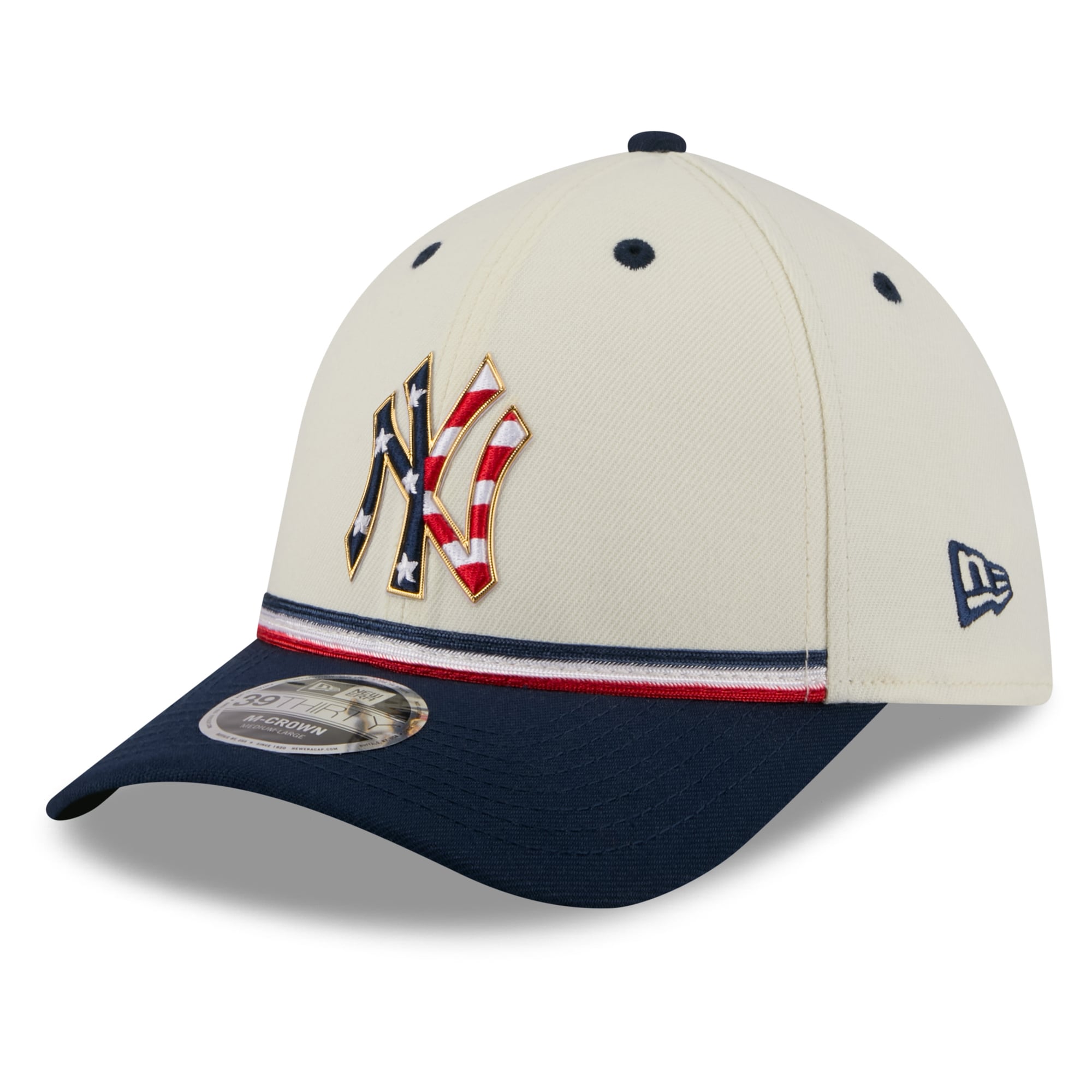 Casquette New Era pour homme, crème/marine, York Yankees USA 250, édition spéciale 4 juillet, modèle 39THIRTY M-Crown Flex