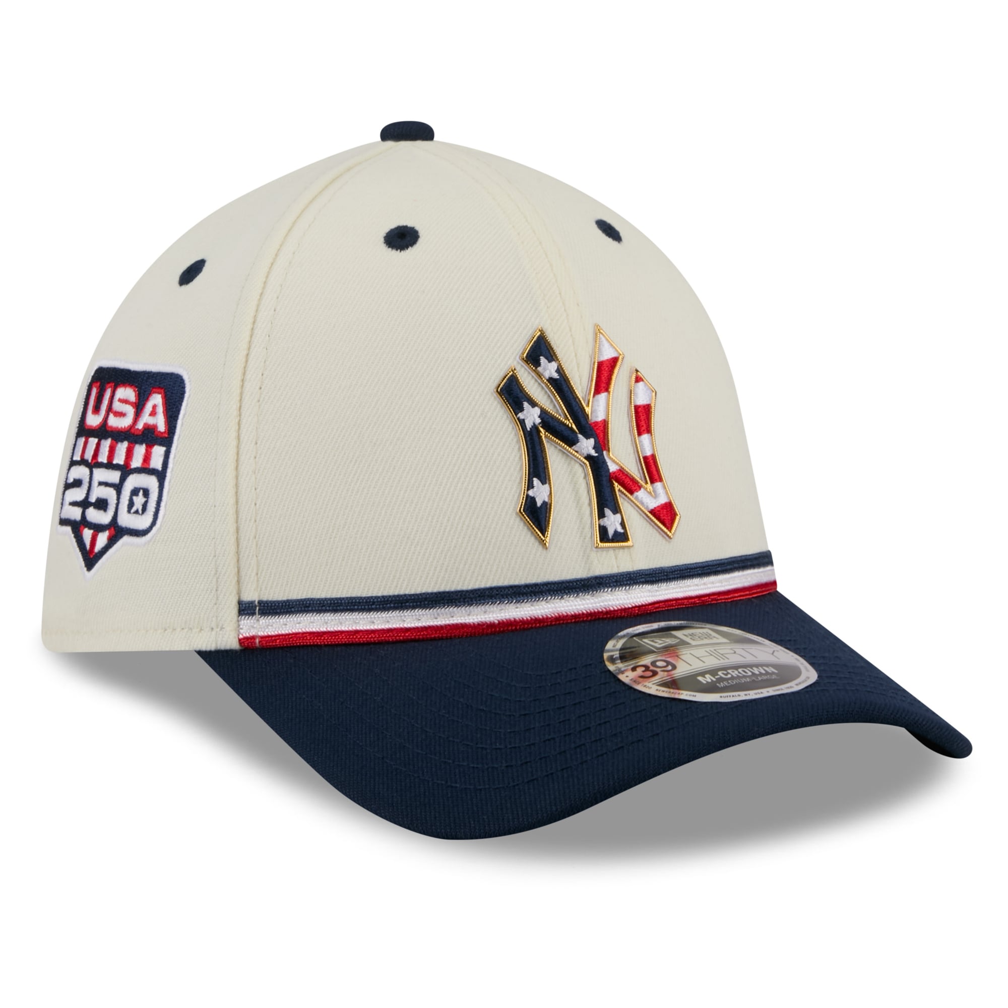 Men's New Era Cream/Navy York Yankees USA 250 Fourth of July 39THIRTY M-Crown Flex Hat