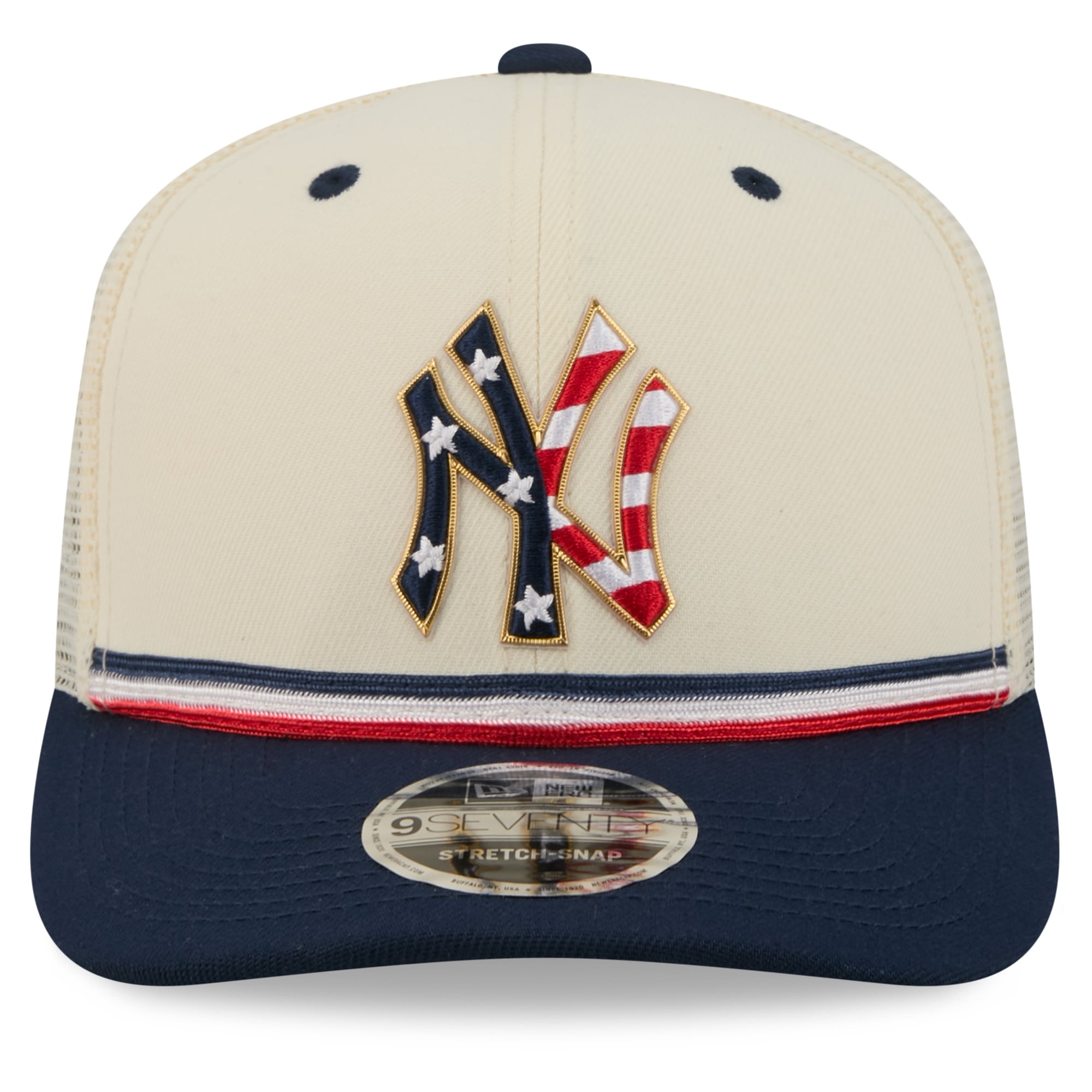 Men's New Era Cream/Navy New York Yankees USA 250 Fourth of July 9SEVENTY Adjustable Trucker Hat