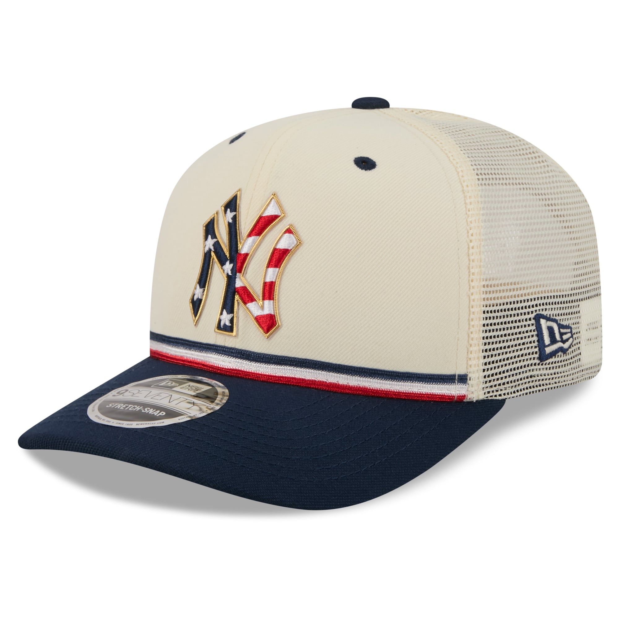 Men's New Era Cream/Navy New York Yankees USA 250 Fourth of July 9SEVENTY Adjustable Trucker Hat
