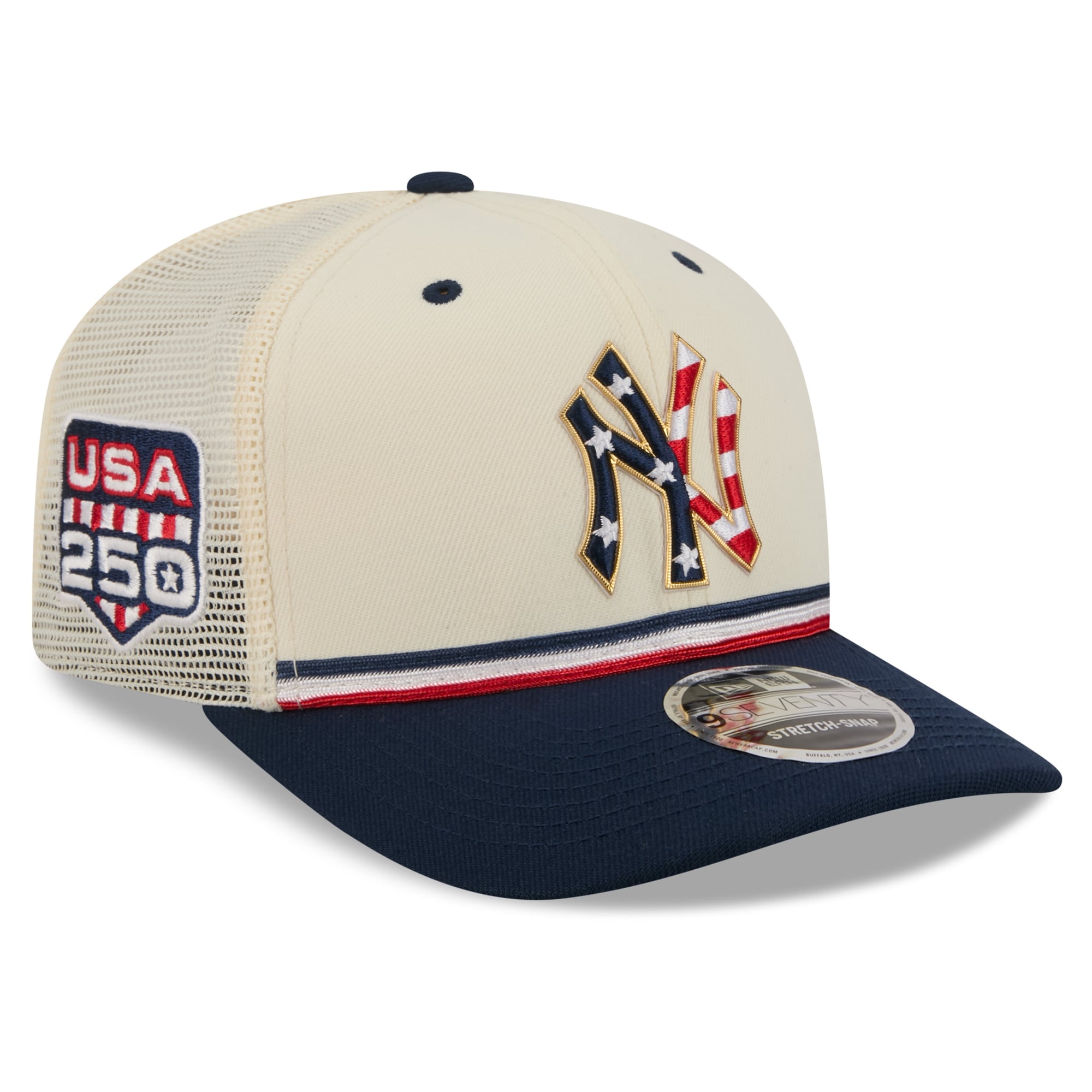 Men's New Era Cream/Navy New York Yankees USA 250 Fourth of July 9SEVENTY Adjustable Trucker Hat
