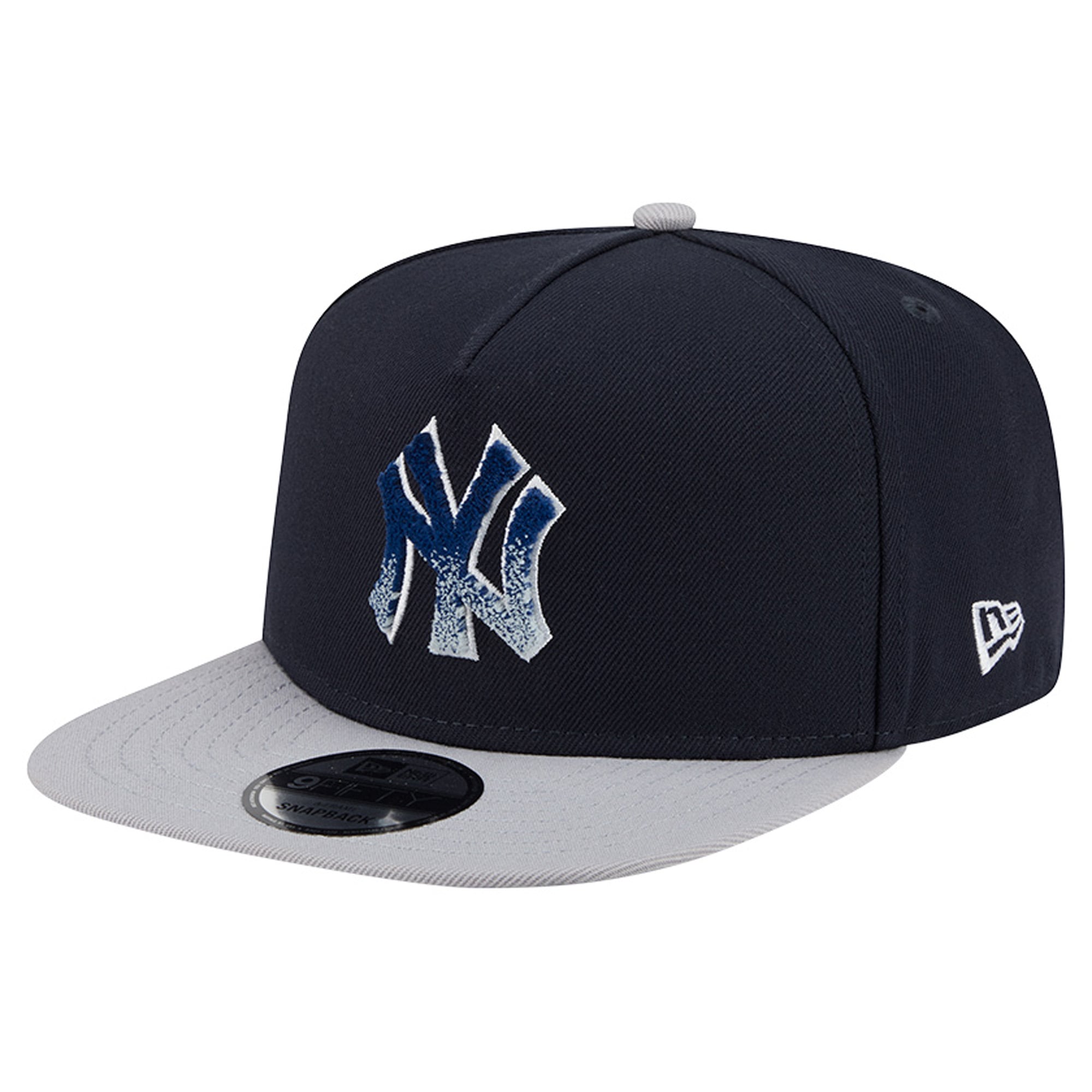Casquette snapback New Era 9FIFTY pour homme, bleu marine/gris, New York Yankees, chenille dégradée, style A-Frame.