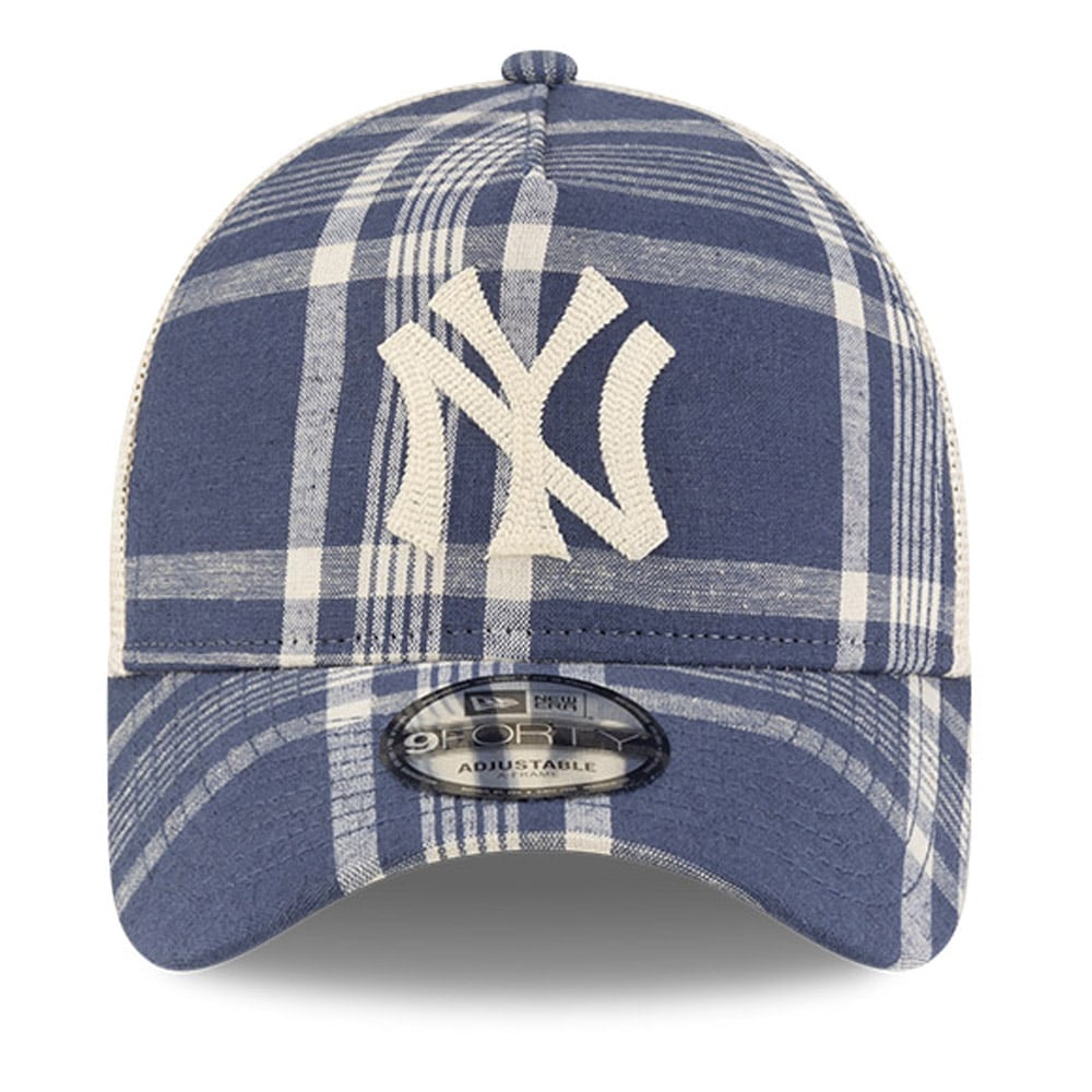 Men's New Era x Ralph Lauren Navy/Light Beige New York Yankees Plaid 9FORTY A-Frame Trucker Adjustable Hat