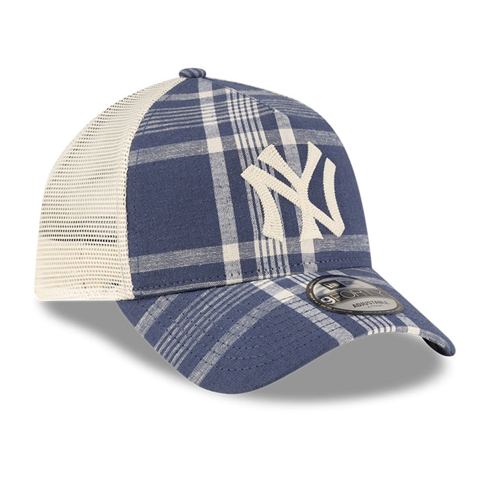 Men's New Era x Ralph Lauren Navy/Light Beige New York Yankees Plaid 9FORTY A-Frame Trucker Adjustable Hat