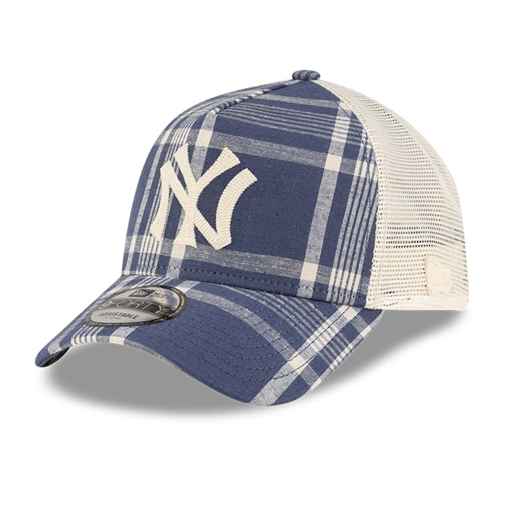 Men's New Era x Ralph Lauren Navy/Light Beige New York Yankees Plaid 9FORTY A-Frame Trucker Adjustable Hat