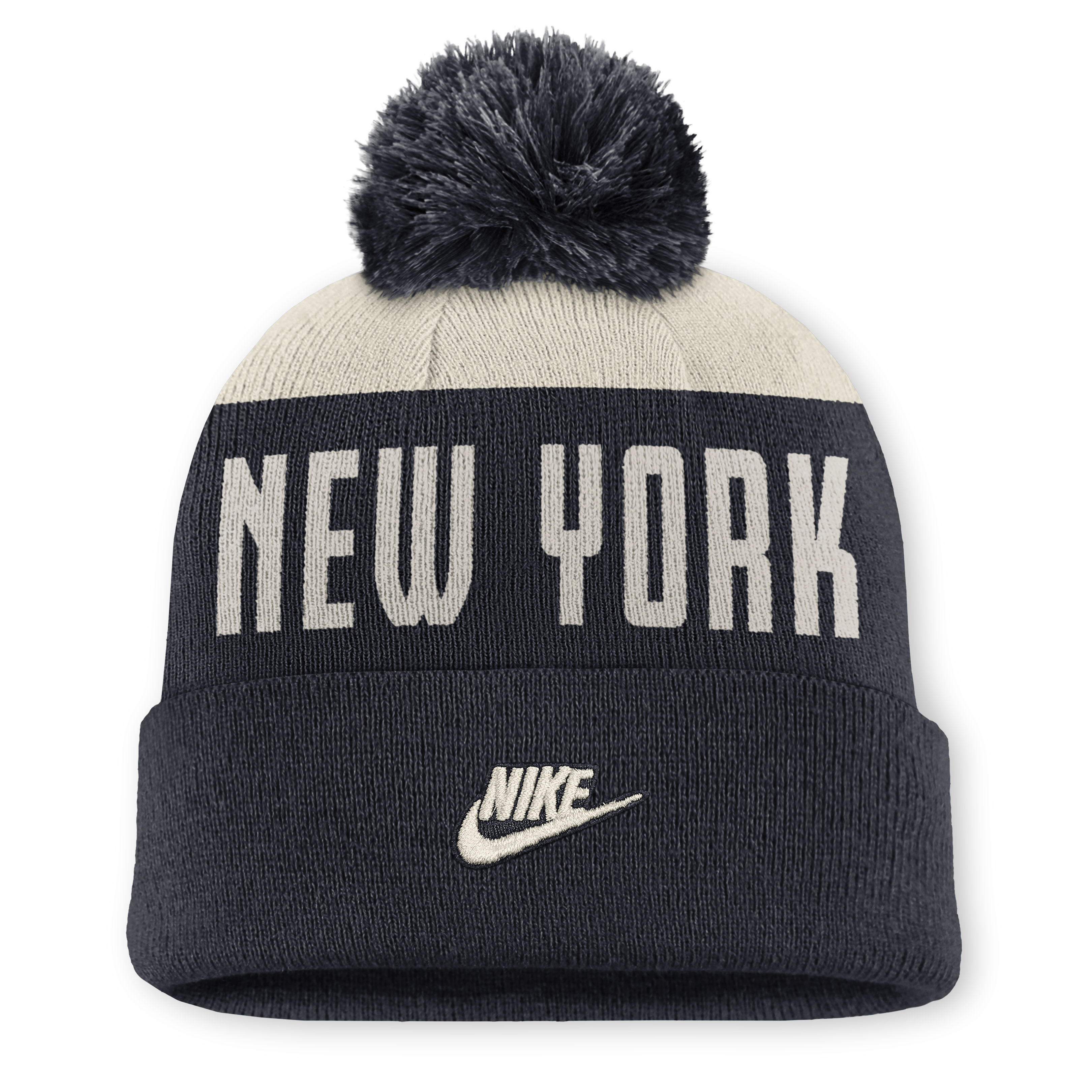 Men's Nike Natural/Navy New York Yankees Cooperstown Collection Peak Standard Cuffed Knit Hat with Pom