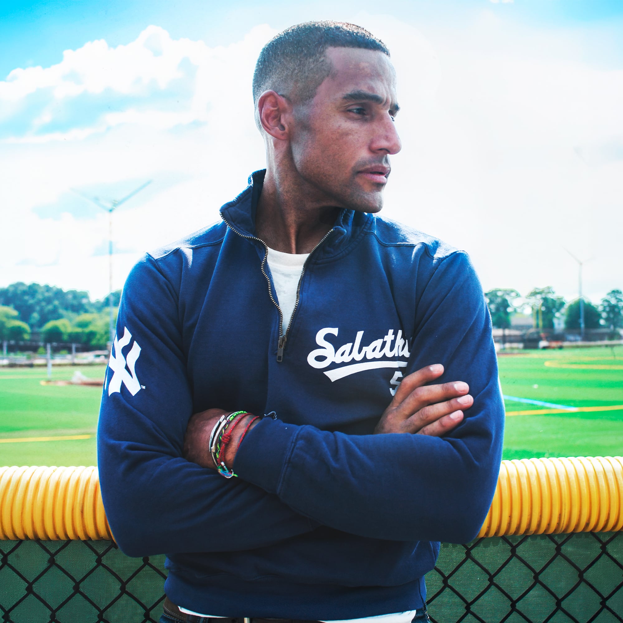 Sweat-shirt à col zippé bleu marine Roots of Fight CC Sabathia pour homme, New York Yankees