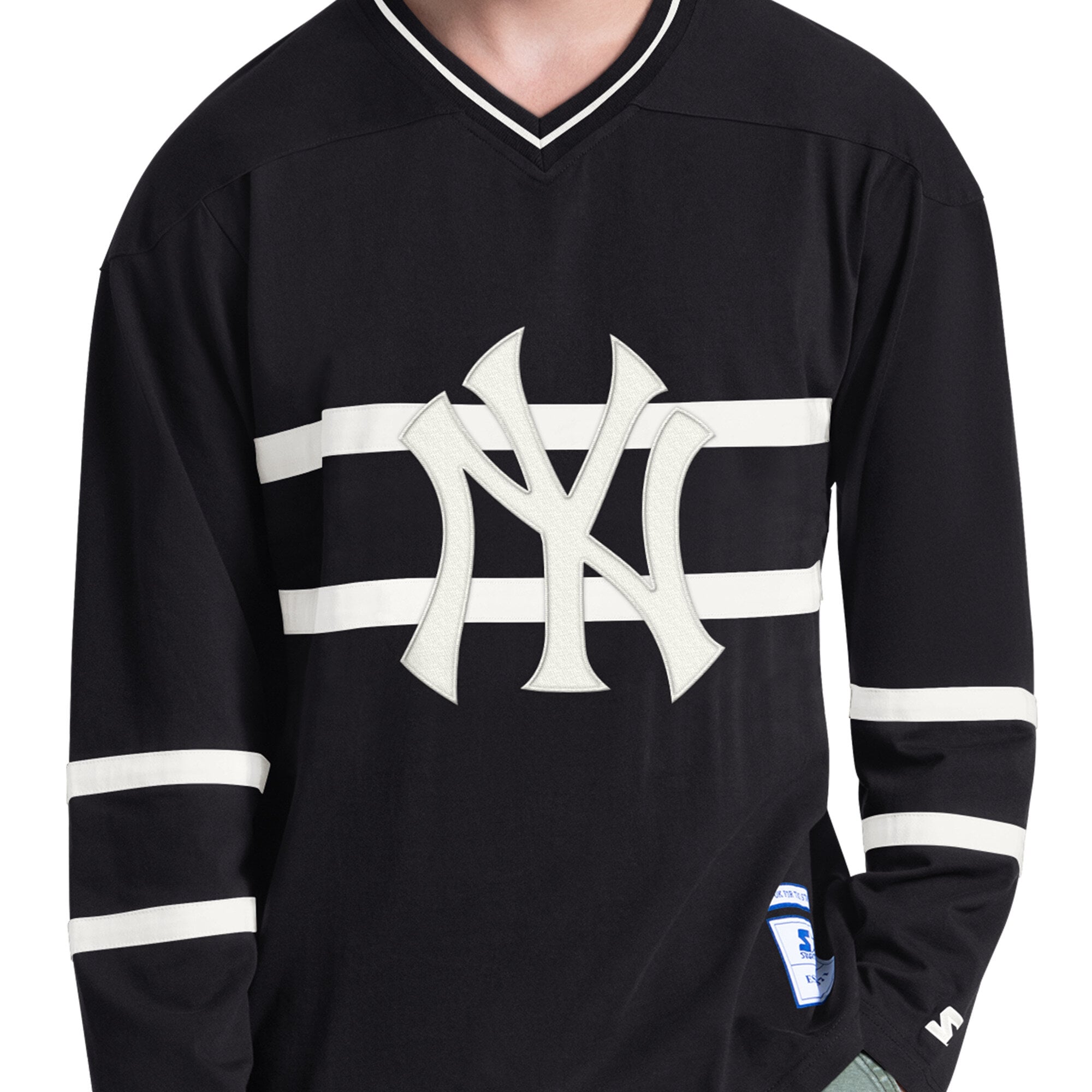 Men's Starter Black New York Yankees Line Up Long Sleeve V-Neck T-Shirt