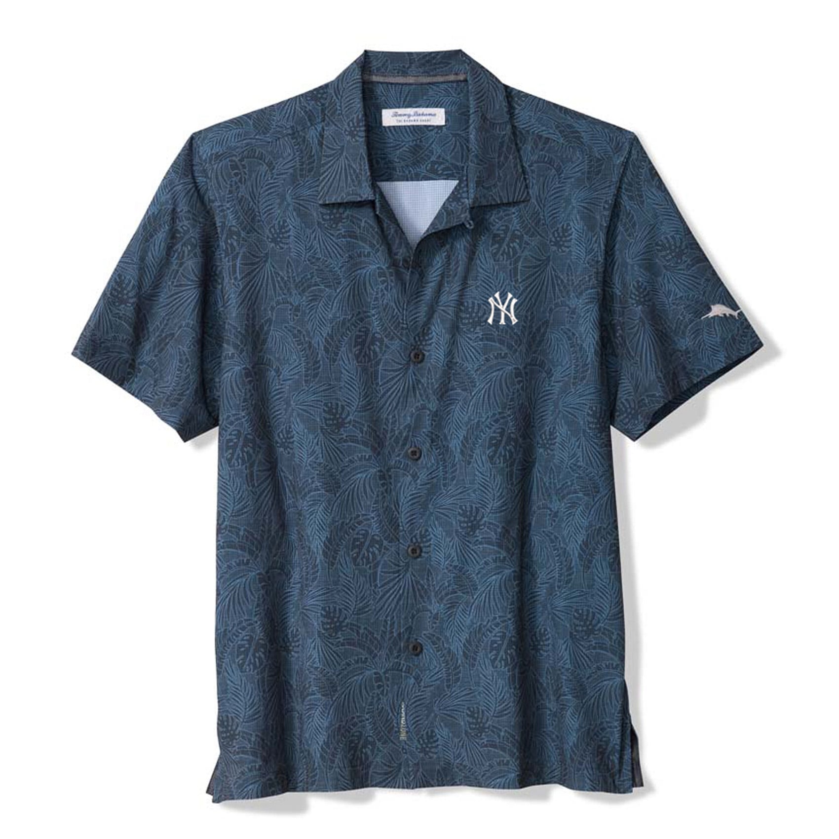 Chemise boutonnée Tommy Bahama IslandZone bleu marine pour homme, motif New York Yankees et Saltwater Fronds