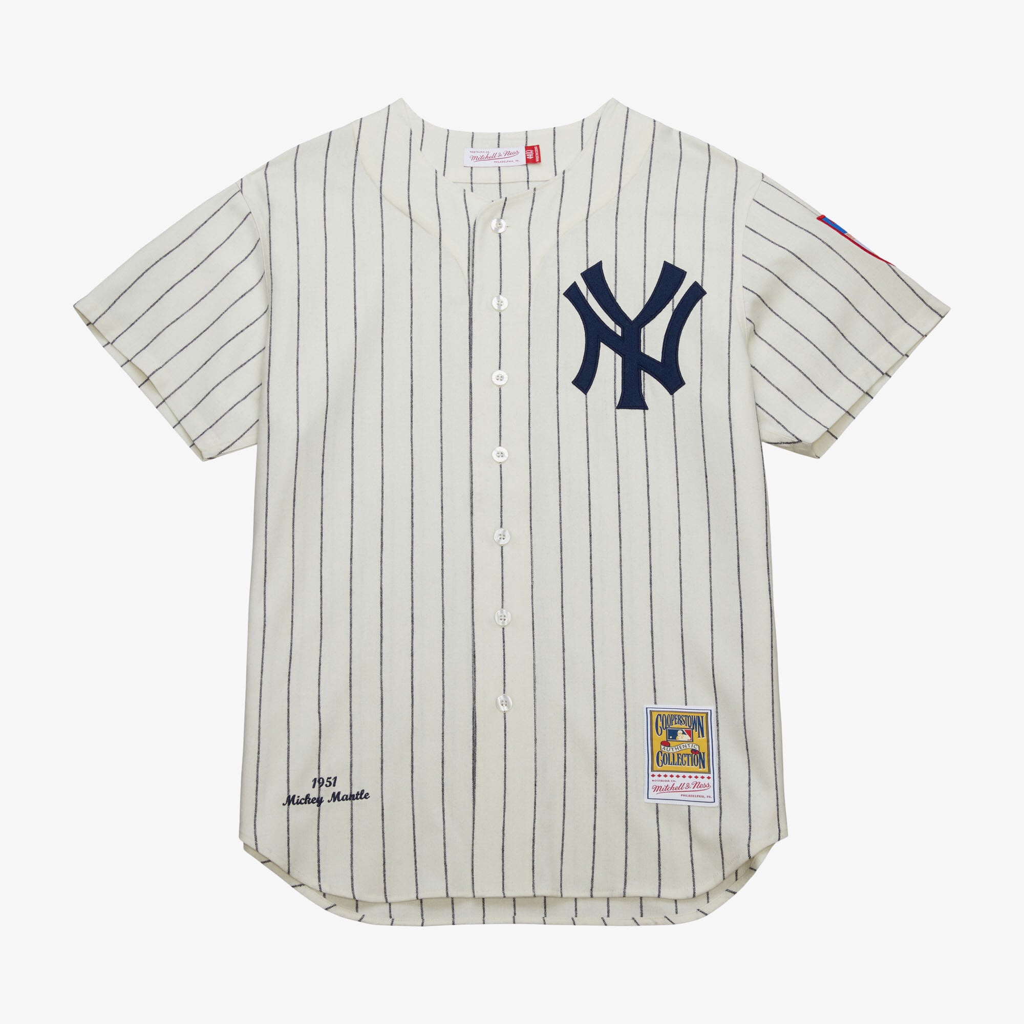 thumbnail interactive-video image 1 of Mitchell & Ness 1951 Mickey Mantle New York Yankees Cream Pinstripe Jersey – Men's XL 1 of 4