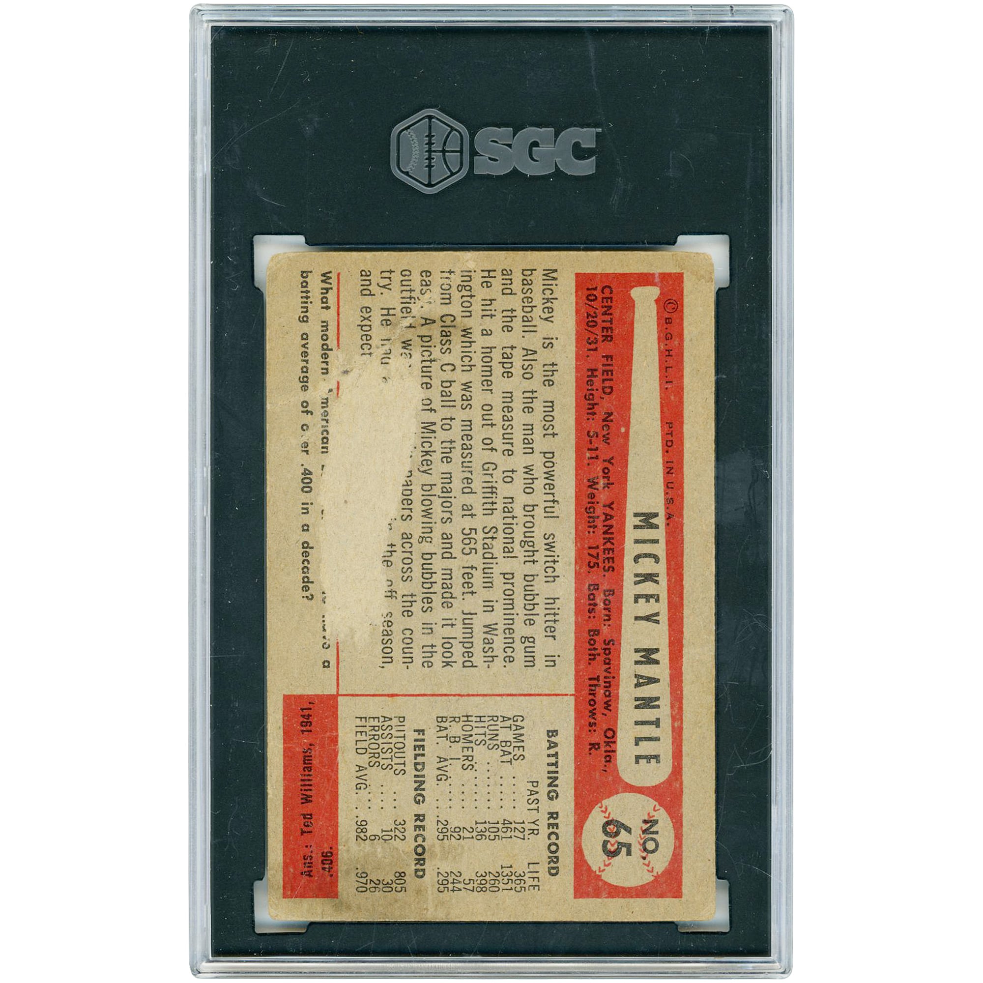 Mickey Mantle New York Yankees 1954 Bowman #65 SGC Authenticated 1 Card