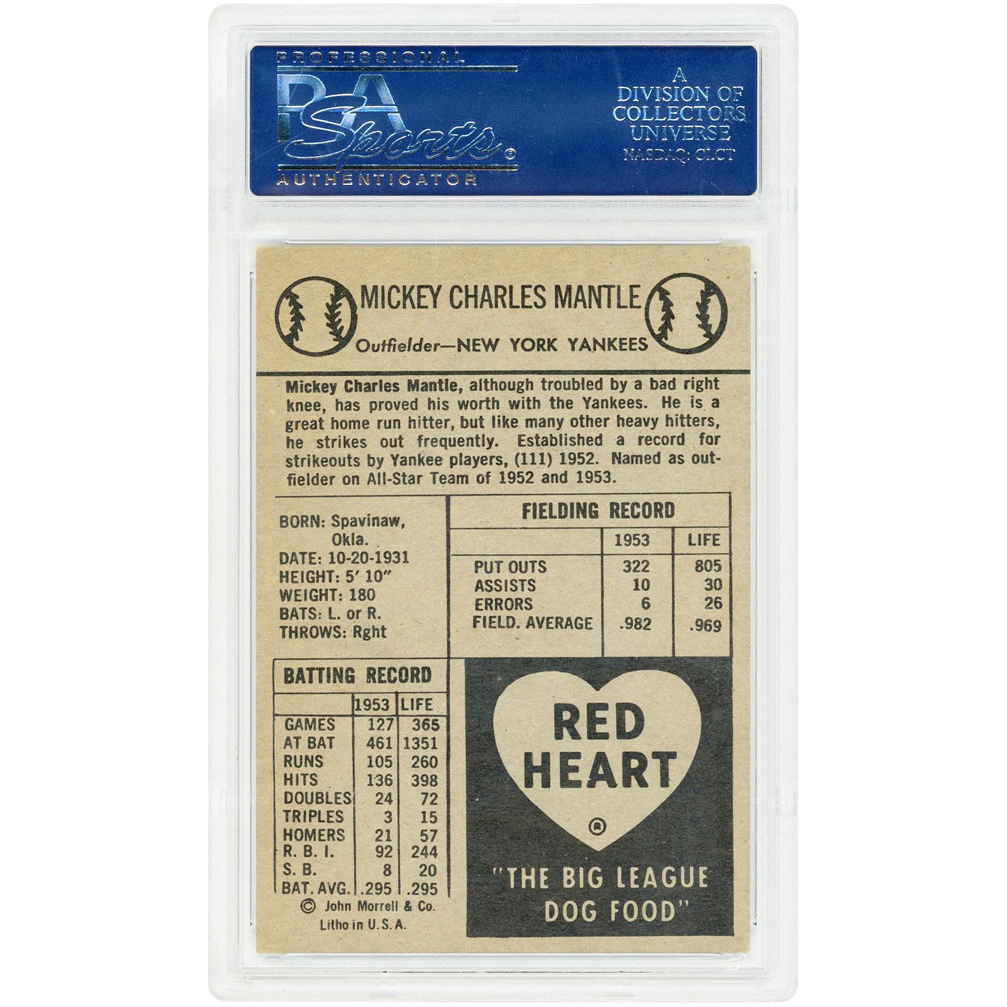 Mickey Mantle New York Yankees 1954 Red Heart #NNO PSA Authenticated 4.5 Card