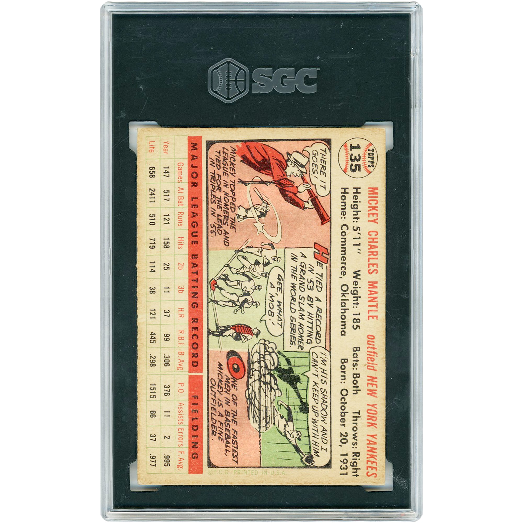 Mickey Mantle New York Yankees 1956 Topps White Back #135 SGC Authenticated 5 Card