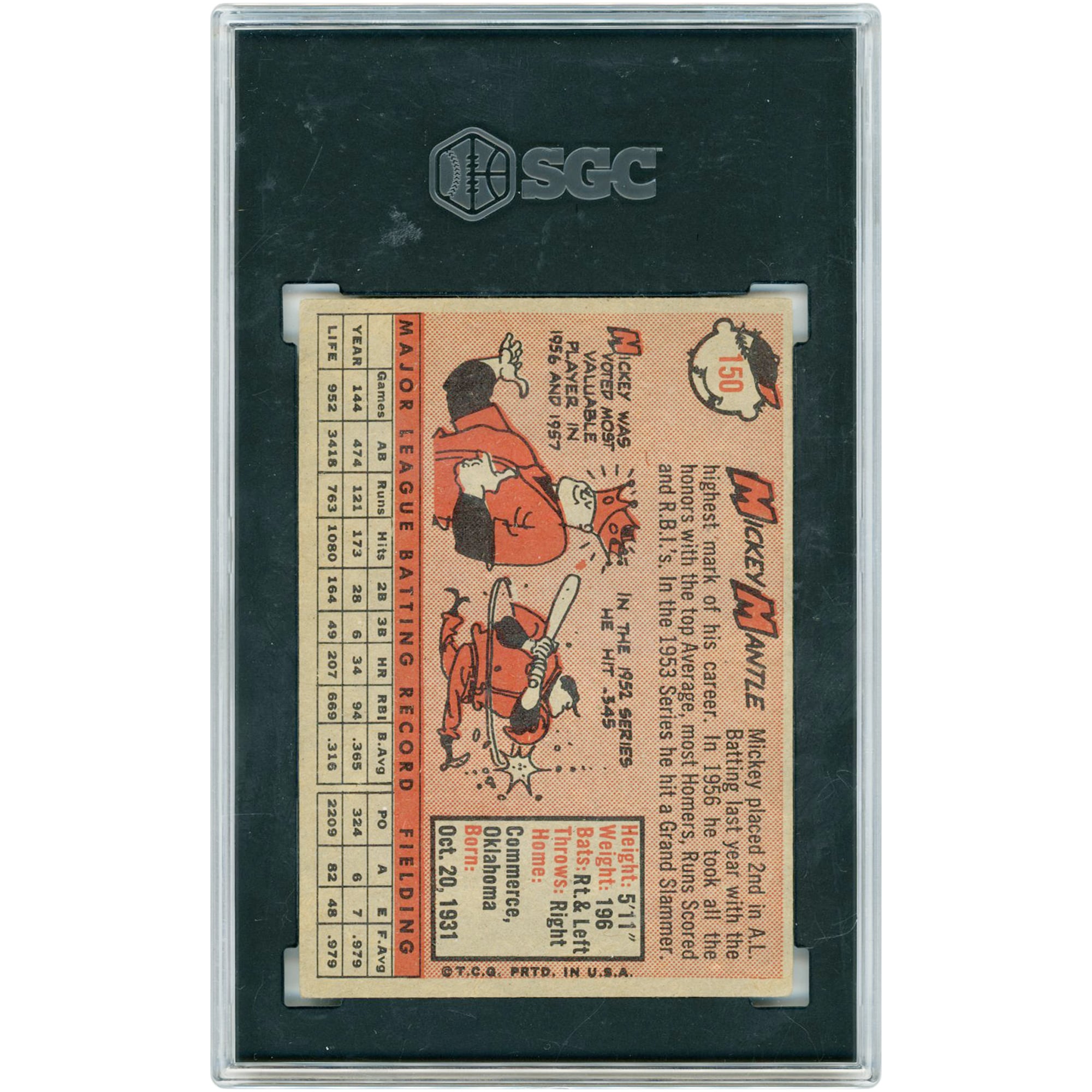 Mickey Mantle New York Yankees 1958 Topps #150 SGC Authenticated 5 Card