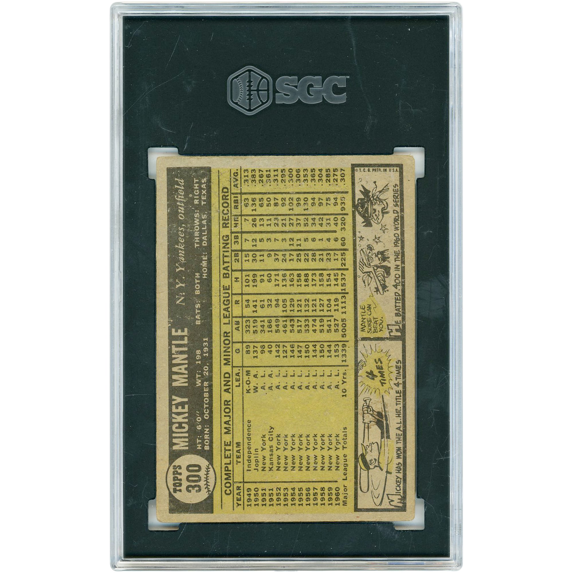 Mickey Mantle New York Yankees 1961 Topps #300 SGC Authenticated 3 Card