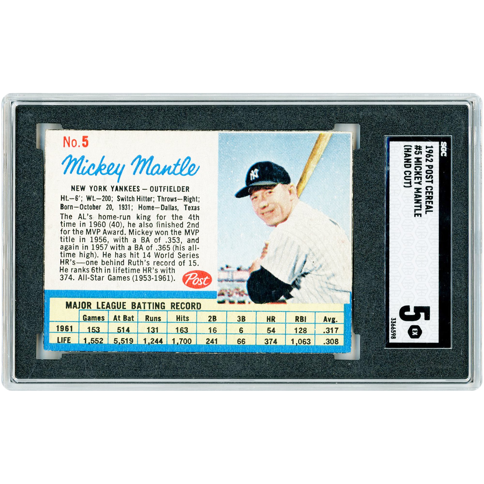 Mickey Mantle New York Yankees 1962 Post Cereal #5 SGC Authenticated 5 Card