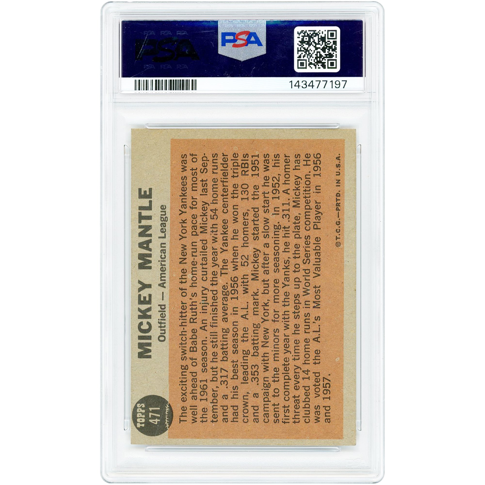 Mickey Mantle New York Yankees 1962 Topps #471 PSA Authenticated 4 Card
